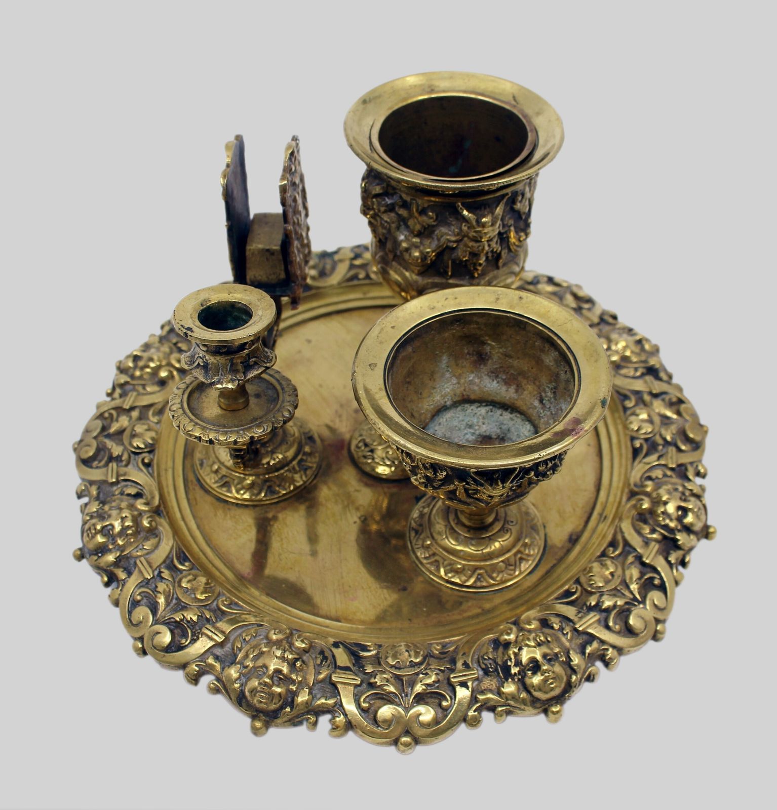 19th C. English Brass Inkwell & Writing Desk Set C.1880 photo 250.0
