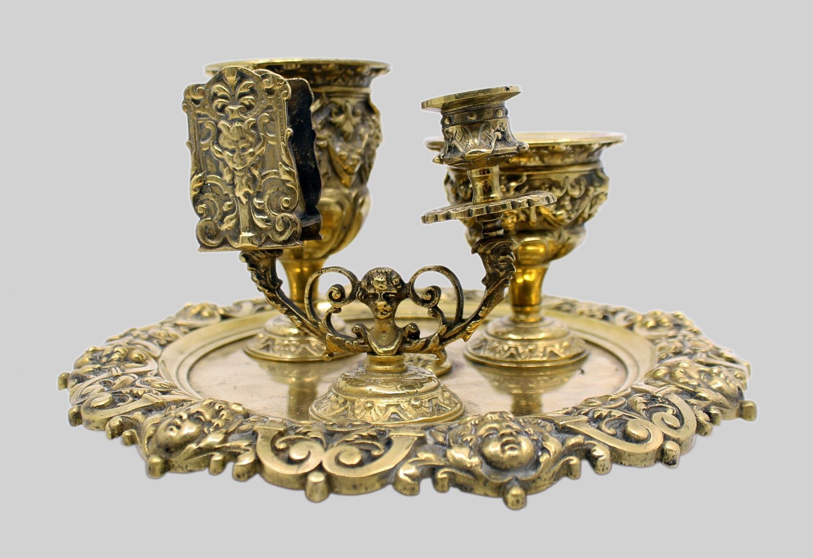 19th C. English Brass Inkwell & Writing Desk Set C.1880 photo buy
