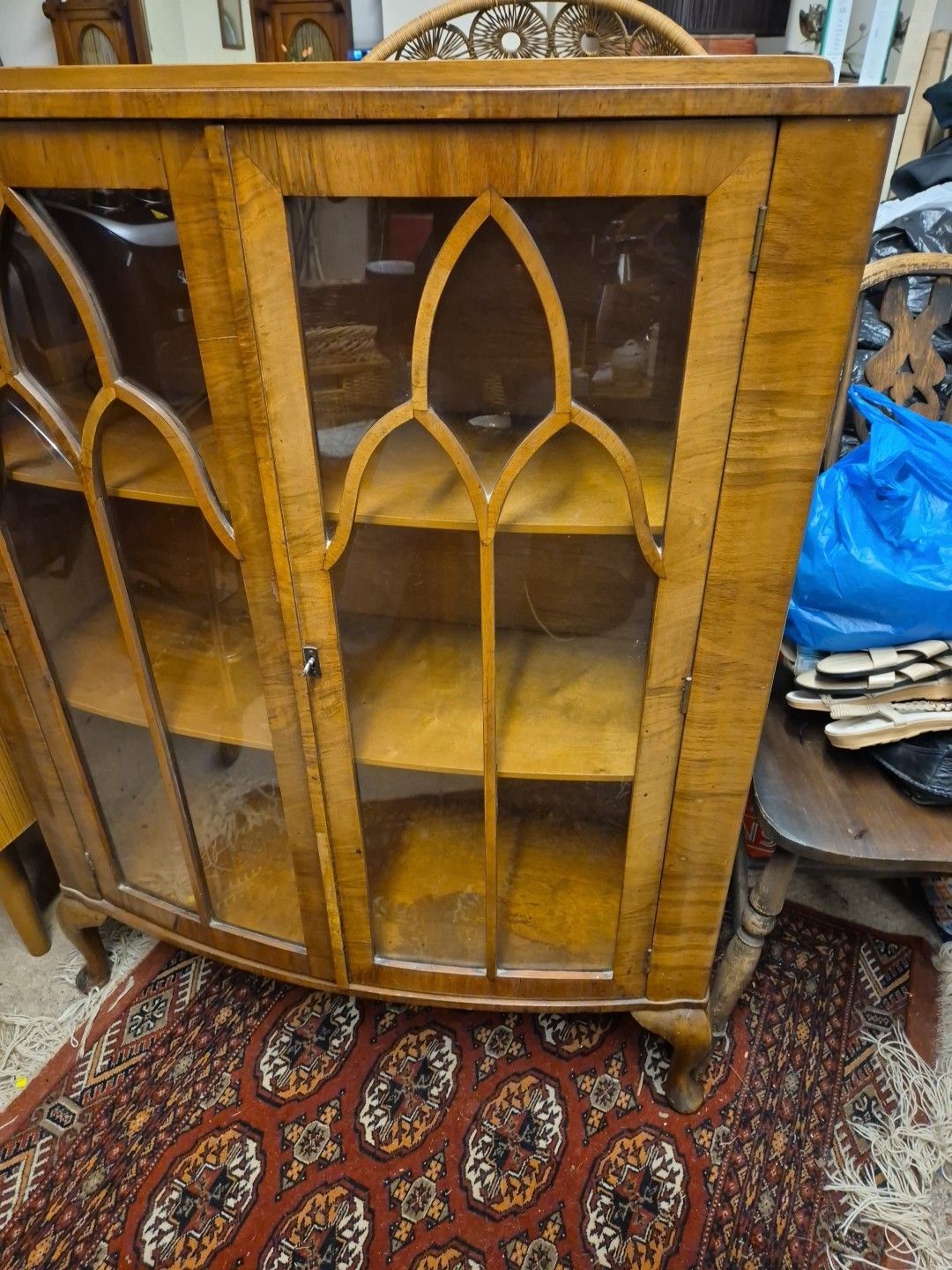 Beautiful 2 Door Antique Display Cabinet With Key, On Cabrio Legs photo for sale
