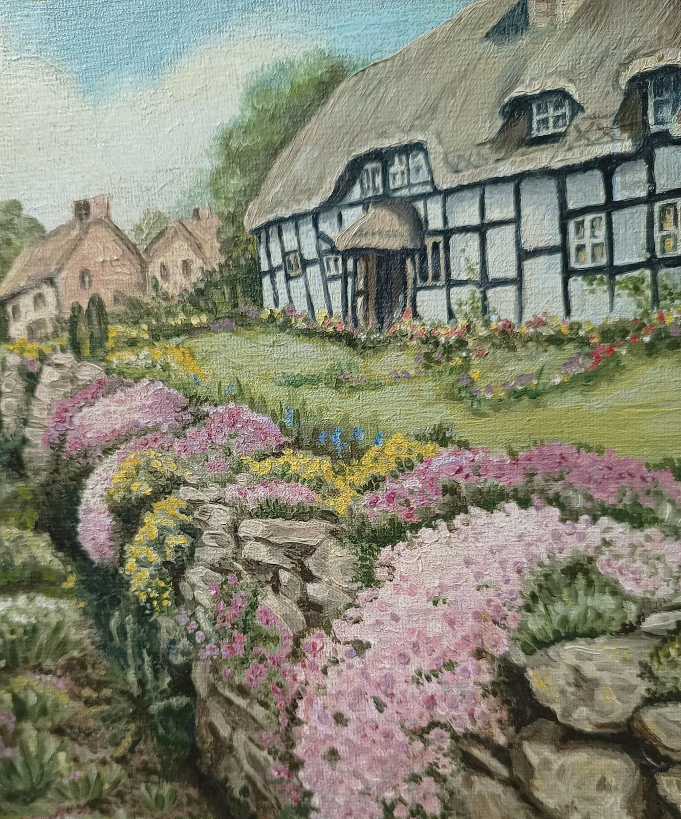 1970 Oil Painting Tudor Cottages Garden In Bloom Signed Margaret Murray. photo vintage