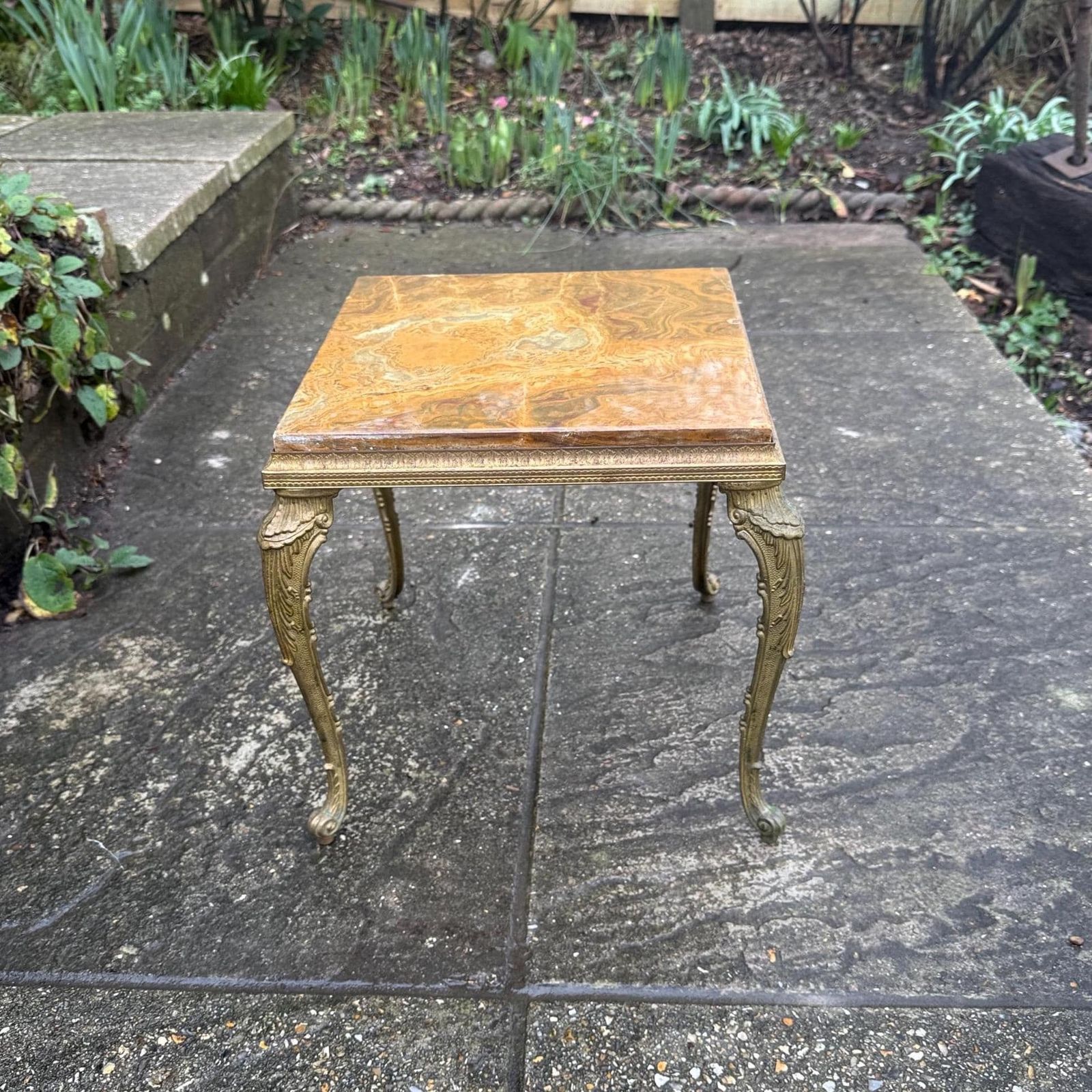 Authentic Retro Brass Detailed Side Table With Marble Onyx Top Retro Neoclassical Style