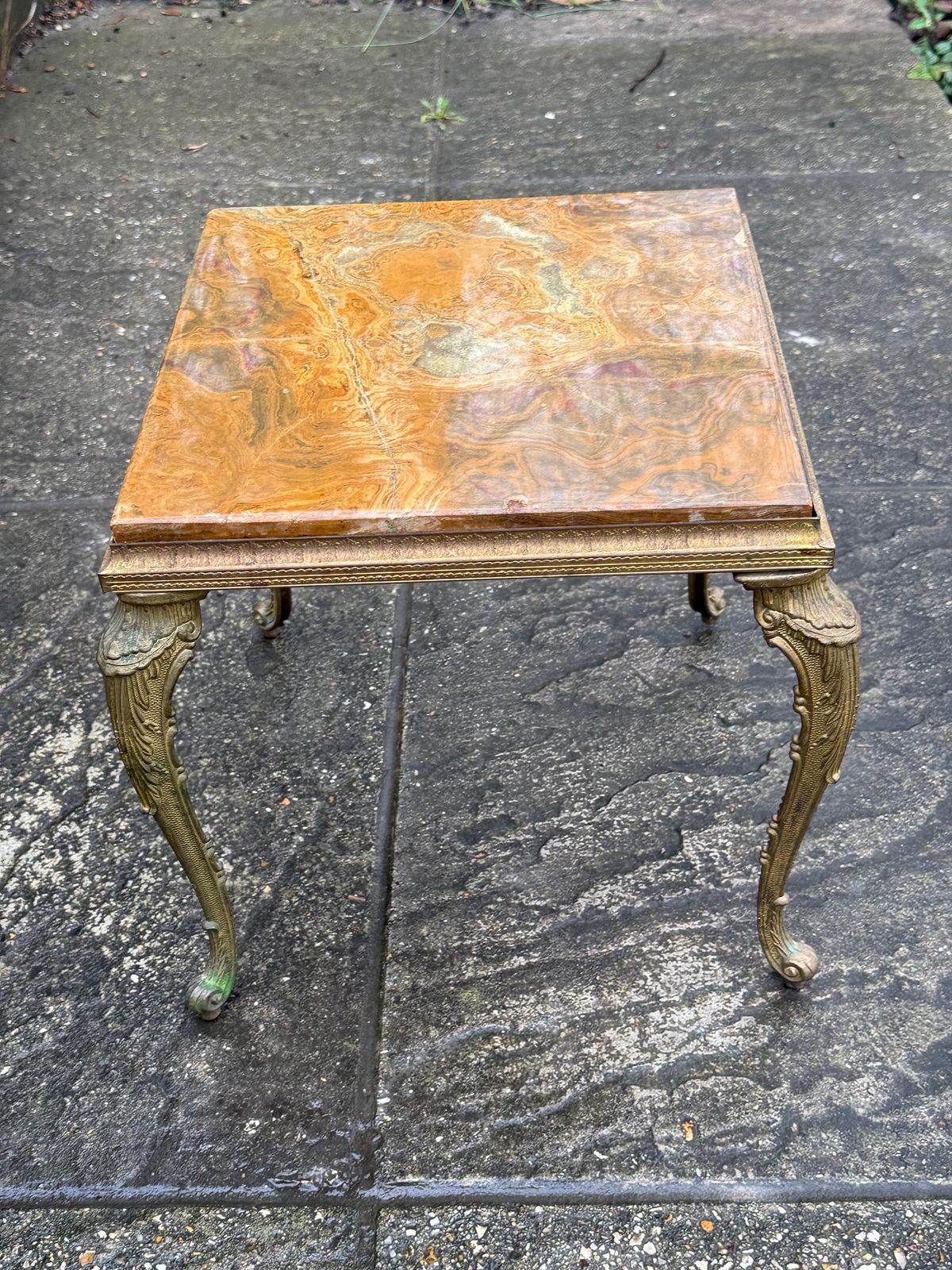 Authentic Retro Brass Detailed Side Table With Marble Onyx Top Retro Neoclassical Style photo furniture