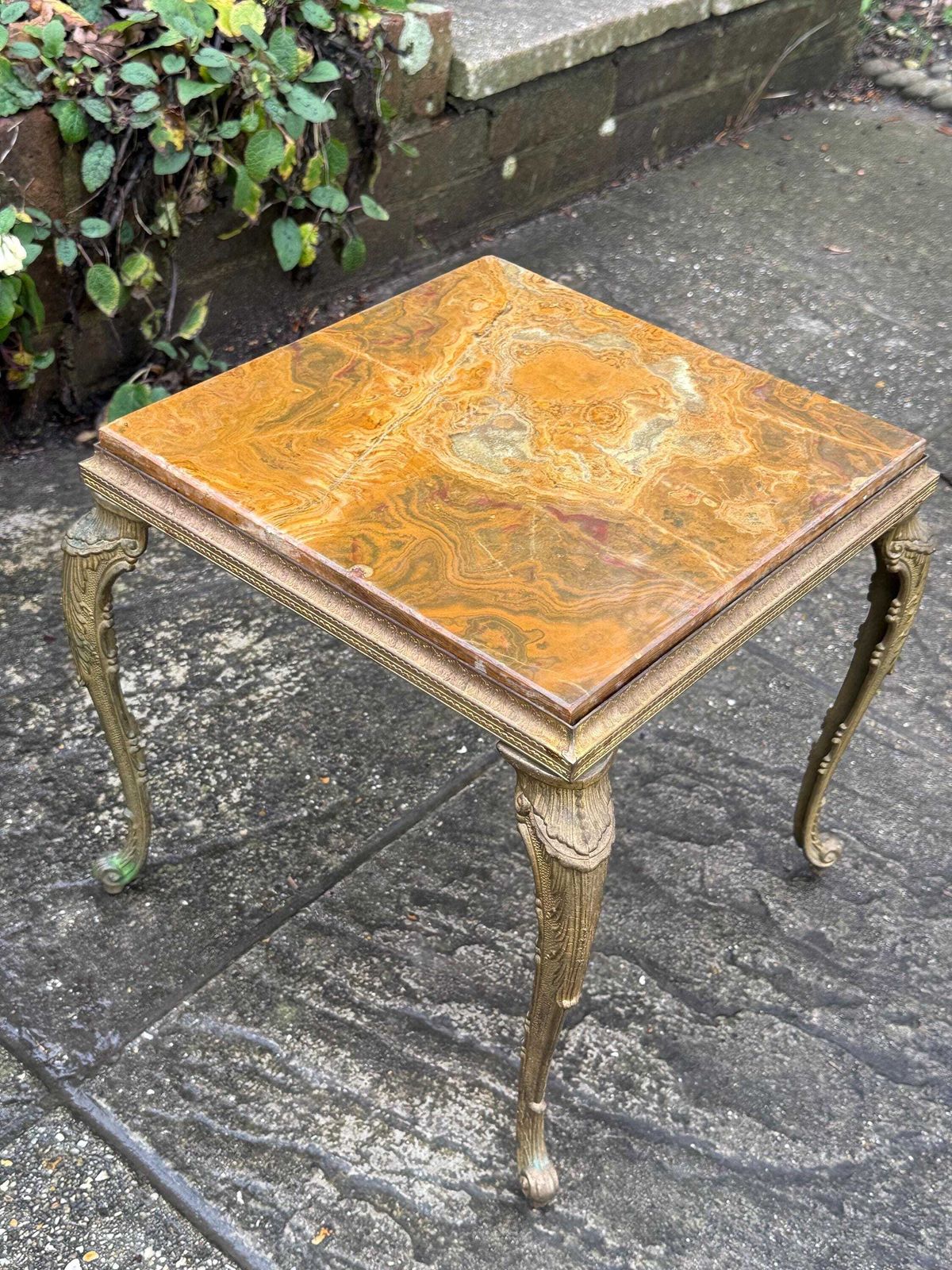 Authentic Retro Brass Detailed Side Table With Marble Onyx Top Retro Neoclassical Style photo for sale