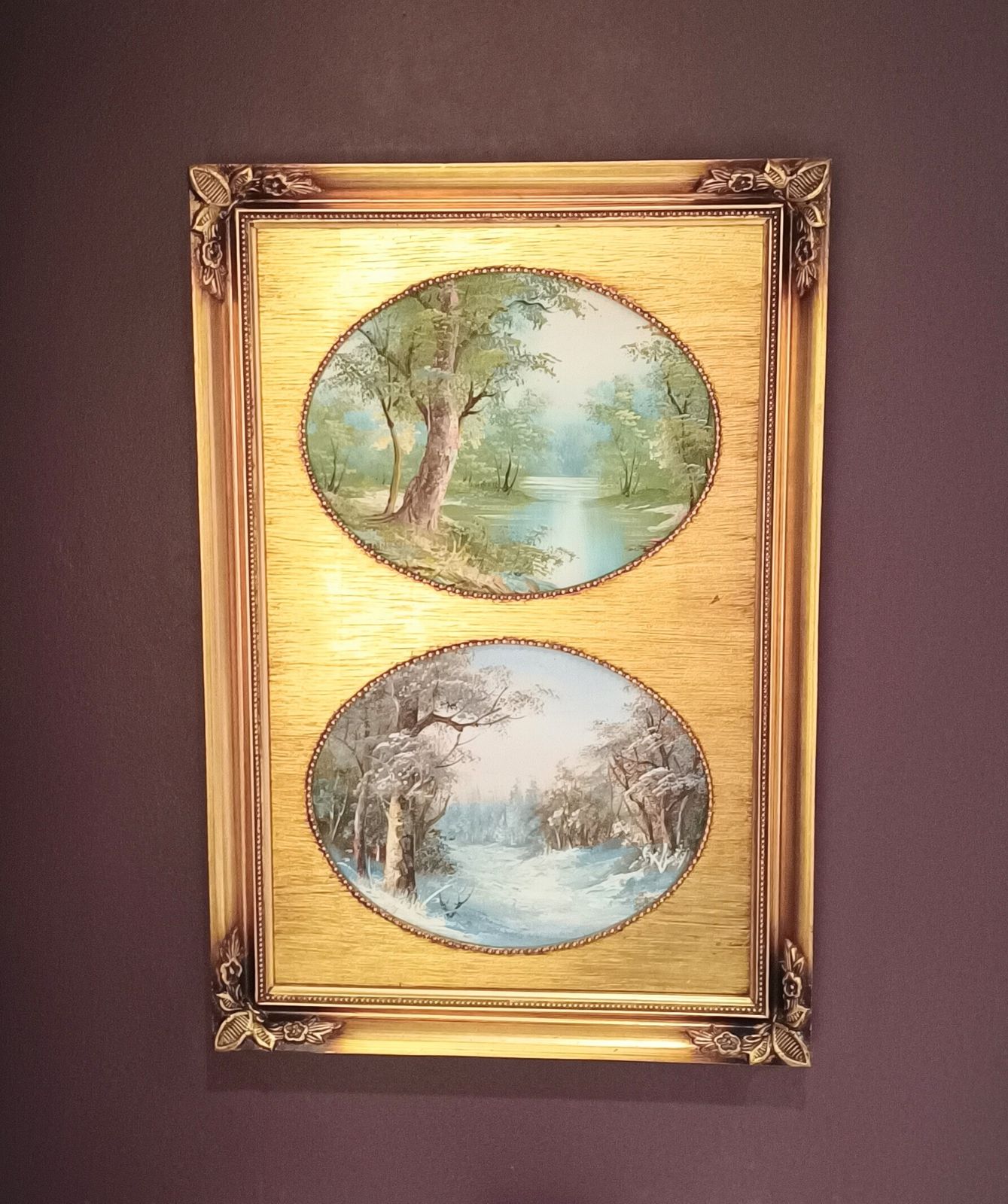 Decorative Oil Paintings Forest Summer And Winter Snow Scene Framed Gold Gilded Frame.