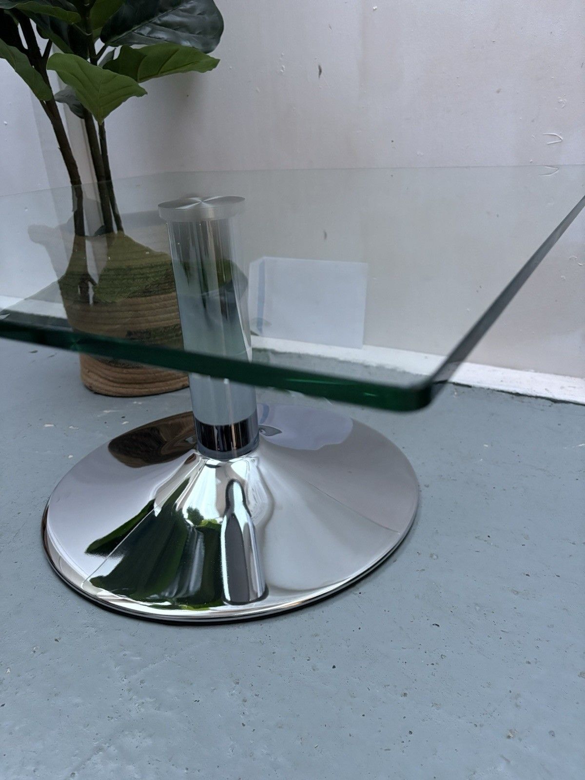 Contemporary Square Glass Top Chrome Trumpet Knee Coffee Table photo for sale