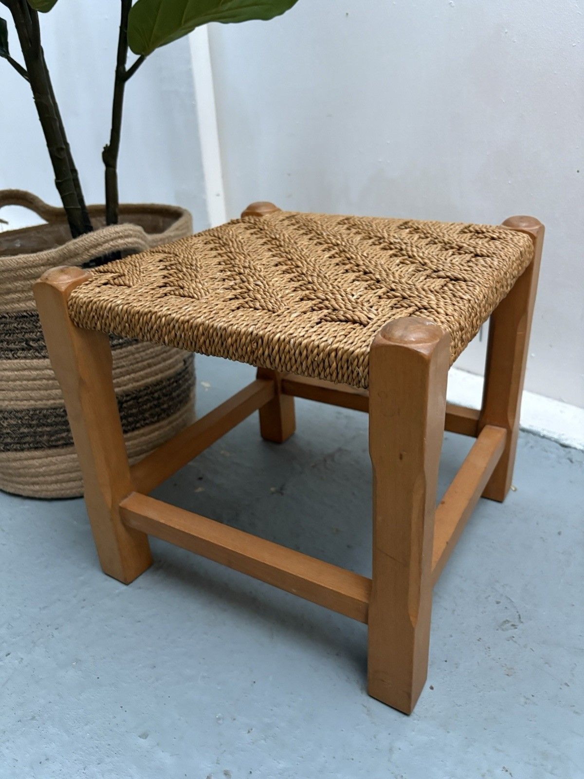 Vintage French Woven Jupe Rope Sea Grass Square Shaped Foot Stool Plinth Table photo Furniture