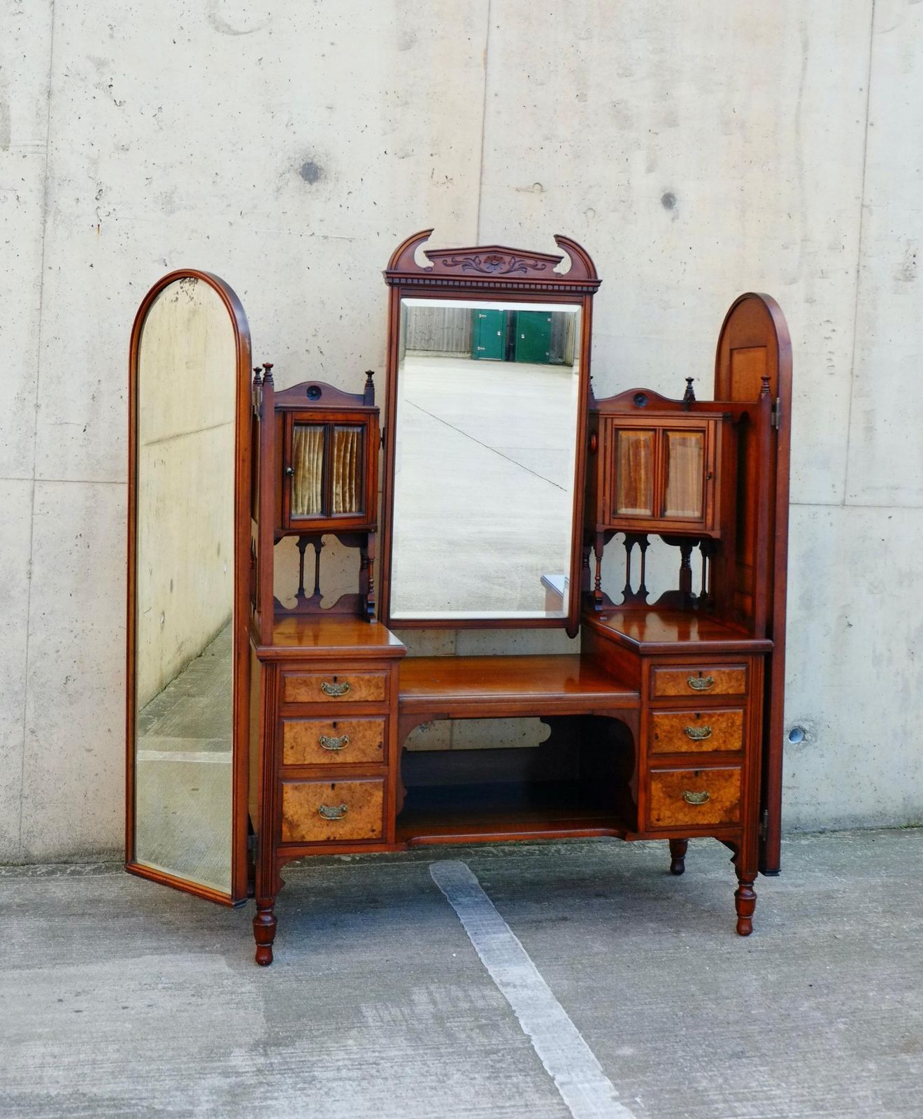 Exceptional Large Gothic English Victorian Burr Walnut Dressing Table Vanity photo for sale