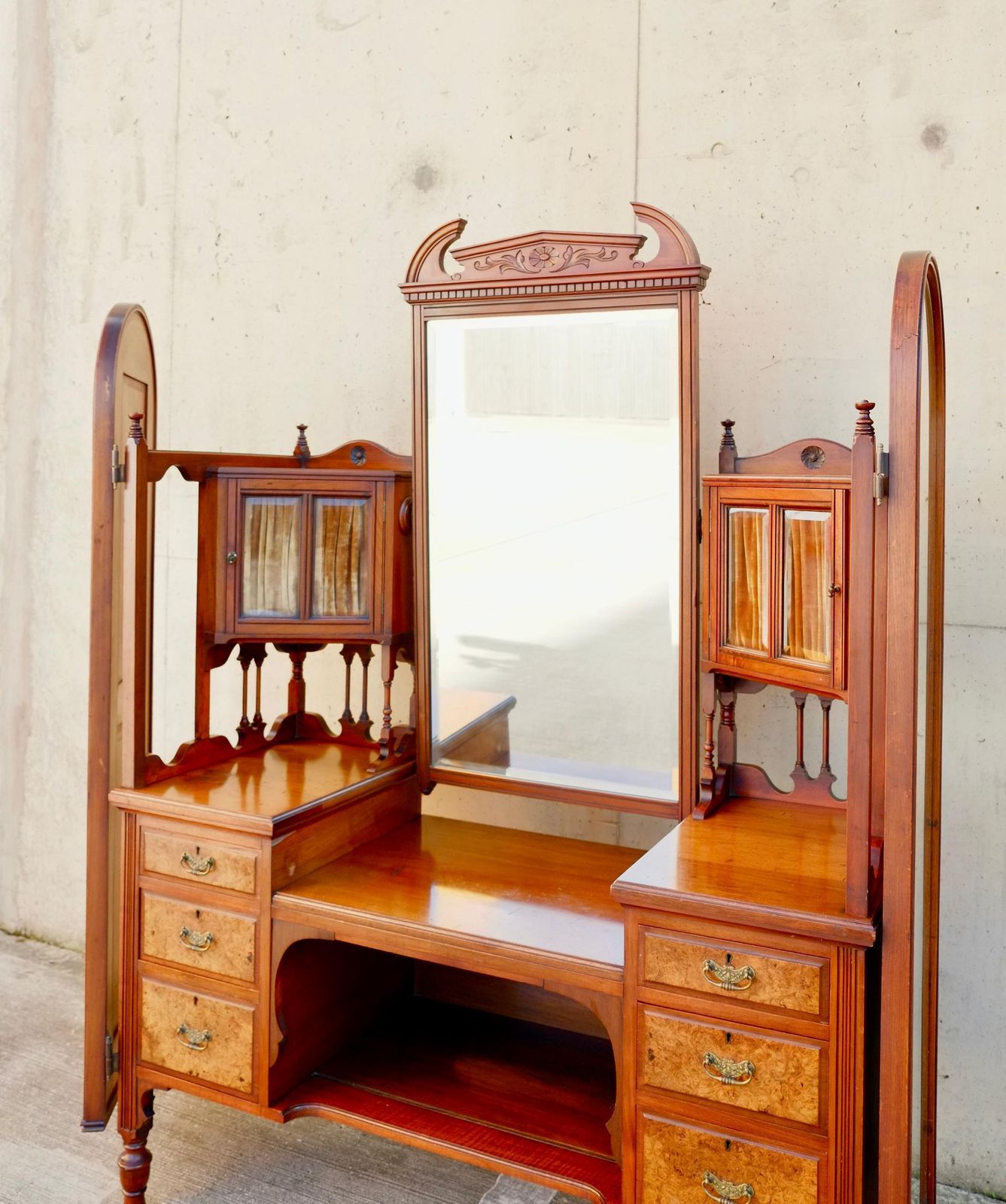 Exceptional Large Gothic English Victorian Burr Walnut Dressing Table Vanity photo vintage