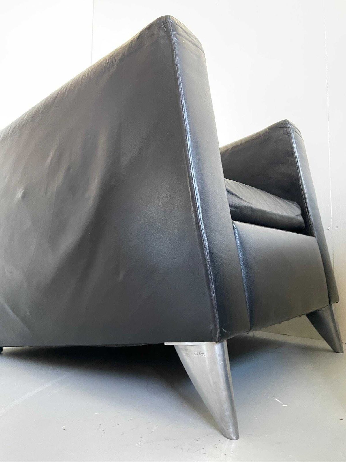 Pair Of Philippe Starck ‘Niggelman’ Black Leather And Aluminium 80s Postmodern Armchairs photo for sale