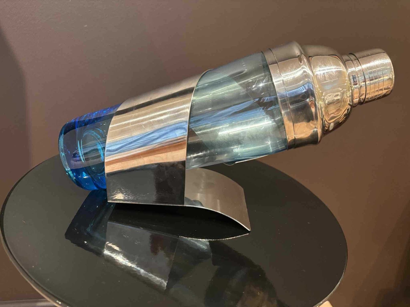 Vintage Blue Glass Cocktail Shaker With Stainless Steel Holder, Modernist Bar Decor photo for sale