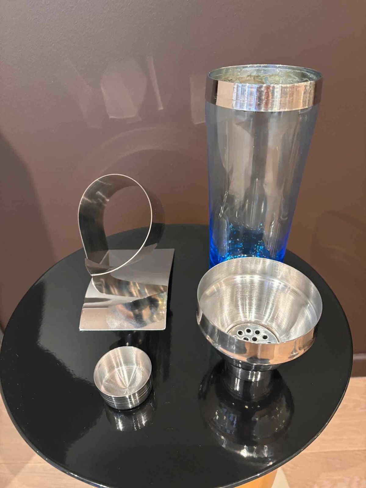 Vintage Blue Glass Cocktail Shaker With Stainless Steel Holder, Modernist Bar Decor photo buy