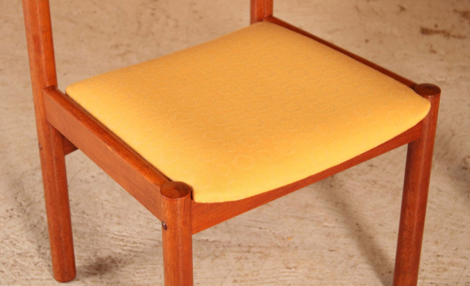 Set Of 4 Danish Mid Century Teak Dining Chairs With Yellow Fabric Upholstery, Circa 1970s photo 495.0