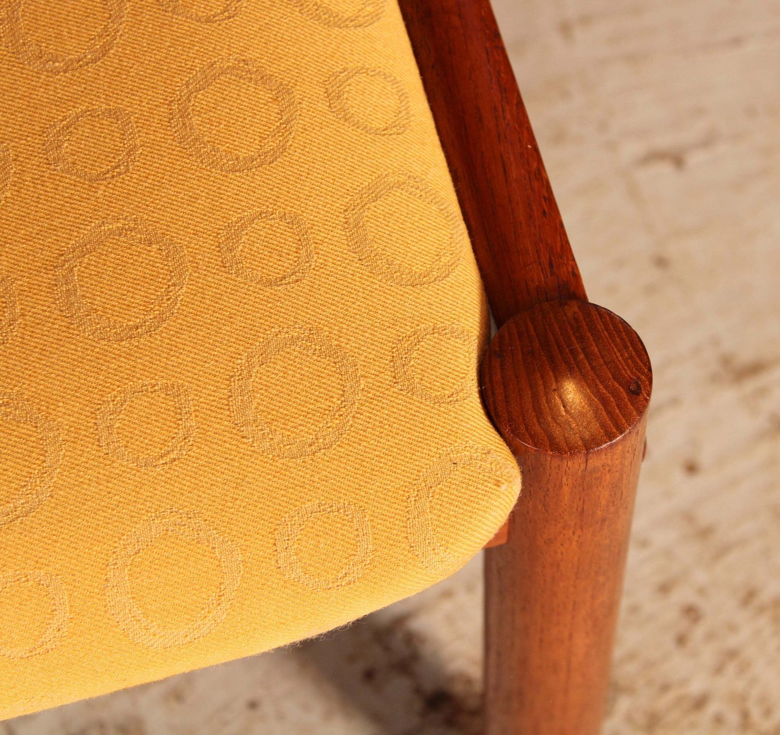 Set Of 4 Danish Mid Century Teak Dining Chairs With Yellow Fabric Upholstery, Circa 1970s photo vinterior