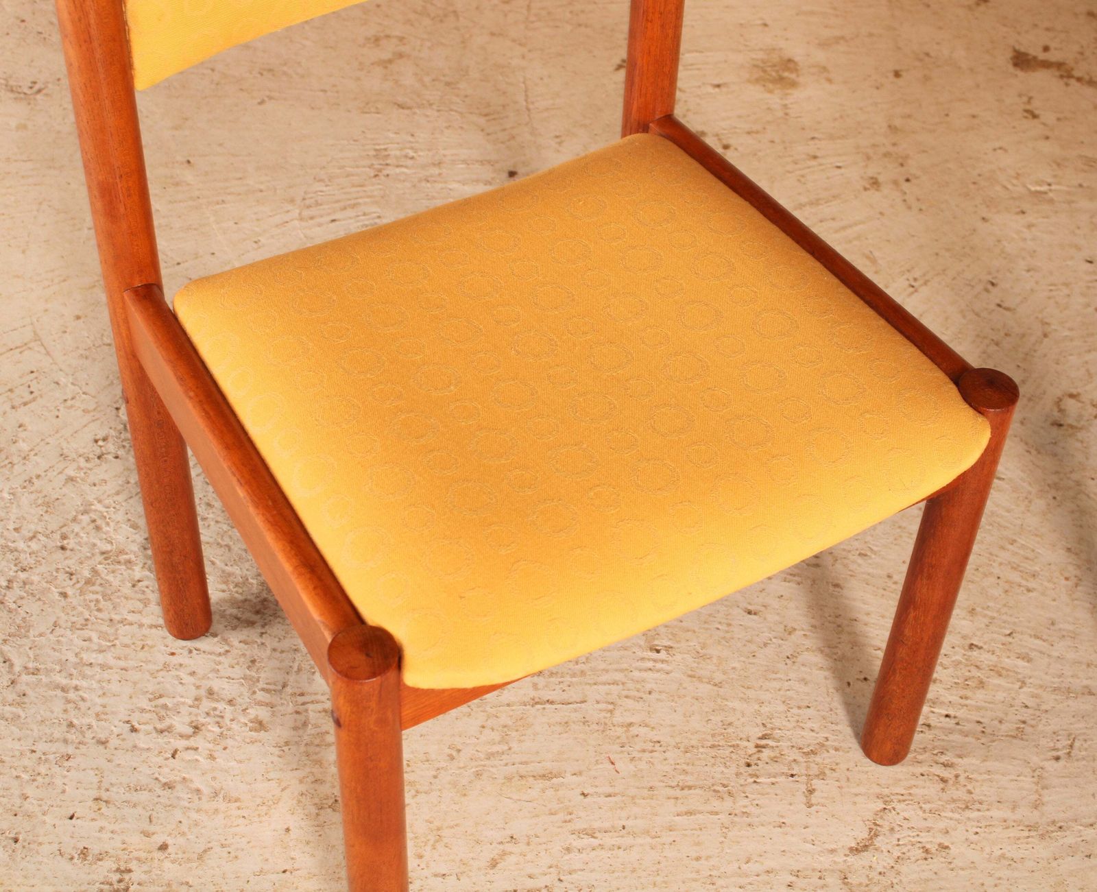 Set Of 4 Danish Mid Century Teak Dining Chairs With Yellow Fabric Upholstery, Circa 1970s photo vintage