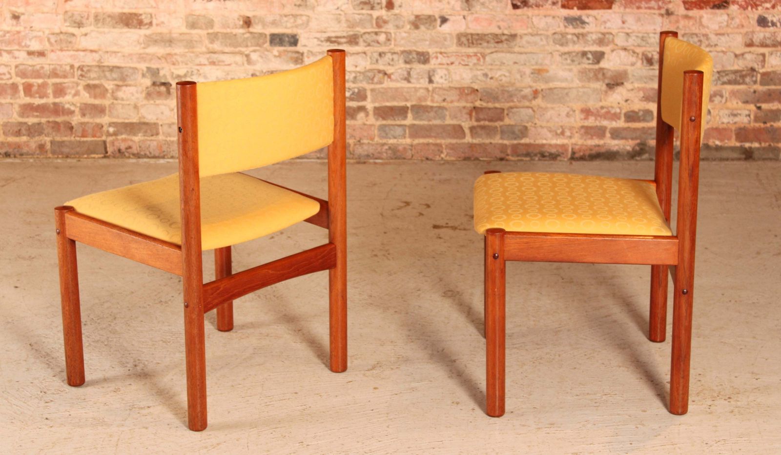 photo furniture Set Of 4 Danish Mid Century Teak Dining Chairs With Yellow Fabric Upholstery, Circa 1970s