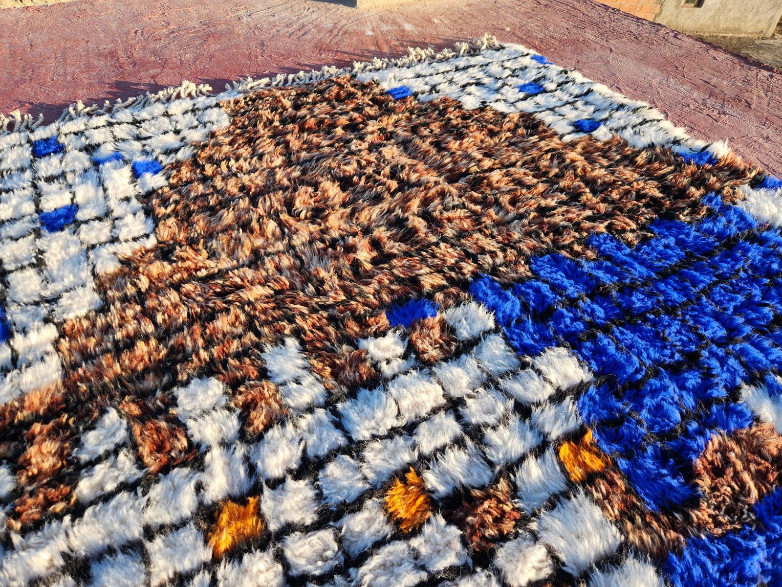 Abstract Moroccan Beni Ourain Rug   300x200cm   Blue, Brown & Orange Wool photo Textiles