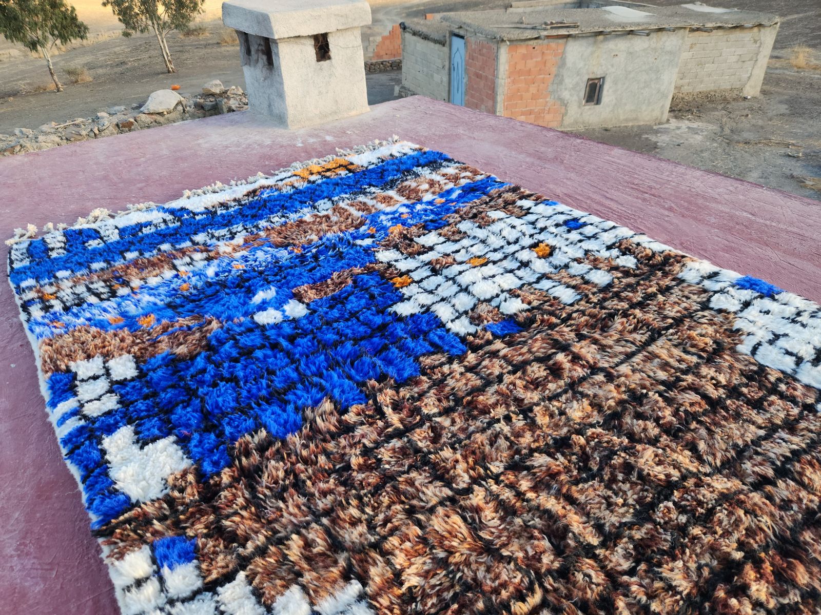 Abstract Moroccan Beni Ourain Rug   300x200cm   Blue, Brown & Orange Wool photo vinterior
