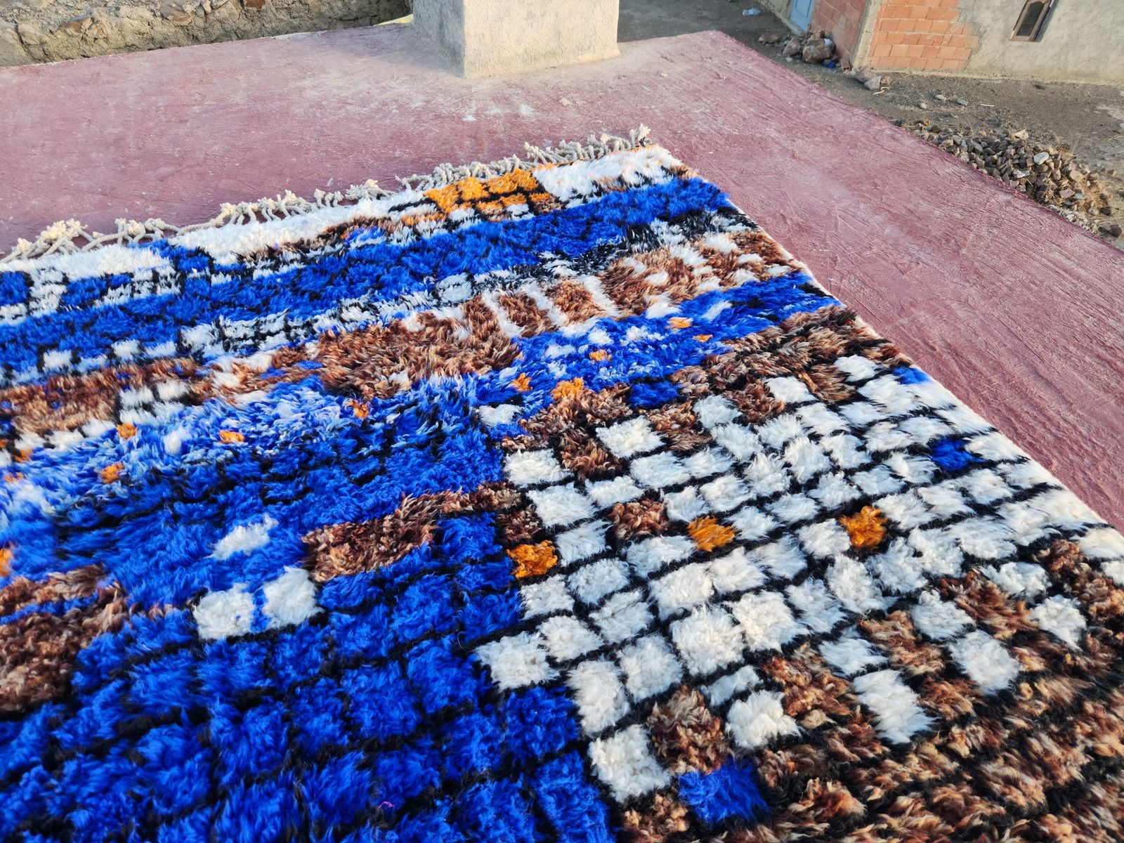 photo for sale Abstract Moroccan Beni Ourain Rug   300x200cm   Blue, Brown & Orange Wool