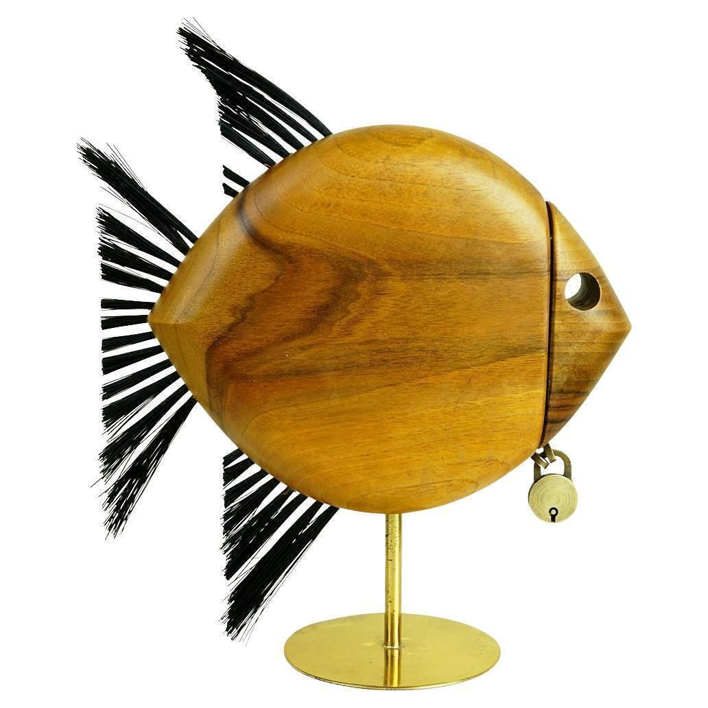 Austrian Midcentury Walnut And Brass Fish Shaped Money Box By Carl Auböck