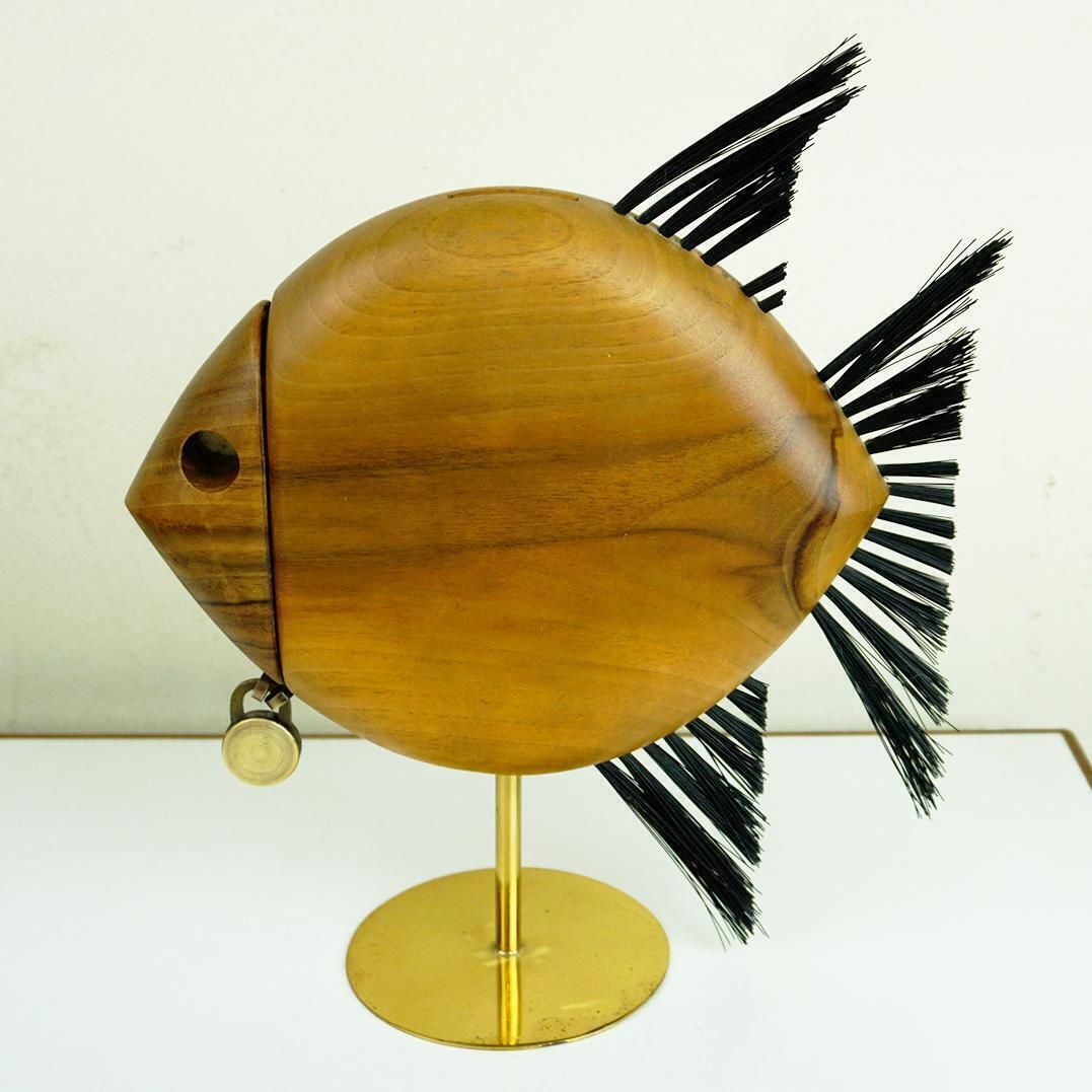 1679.0 Austrian Midcentury Walnut And Brass Fish Shaped Money Box By Carl Auböck photo