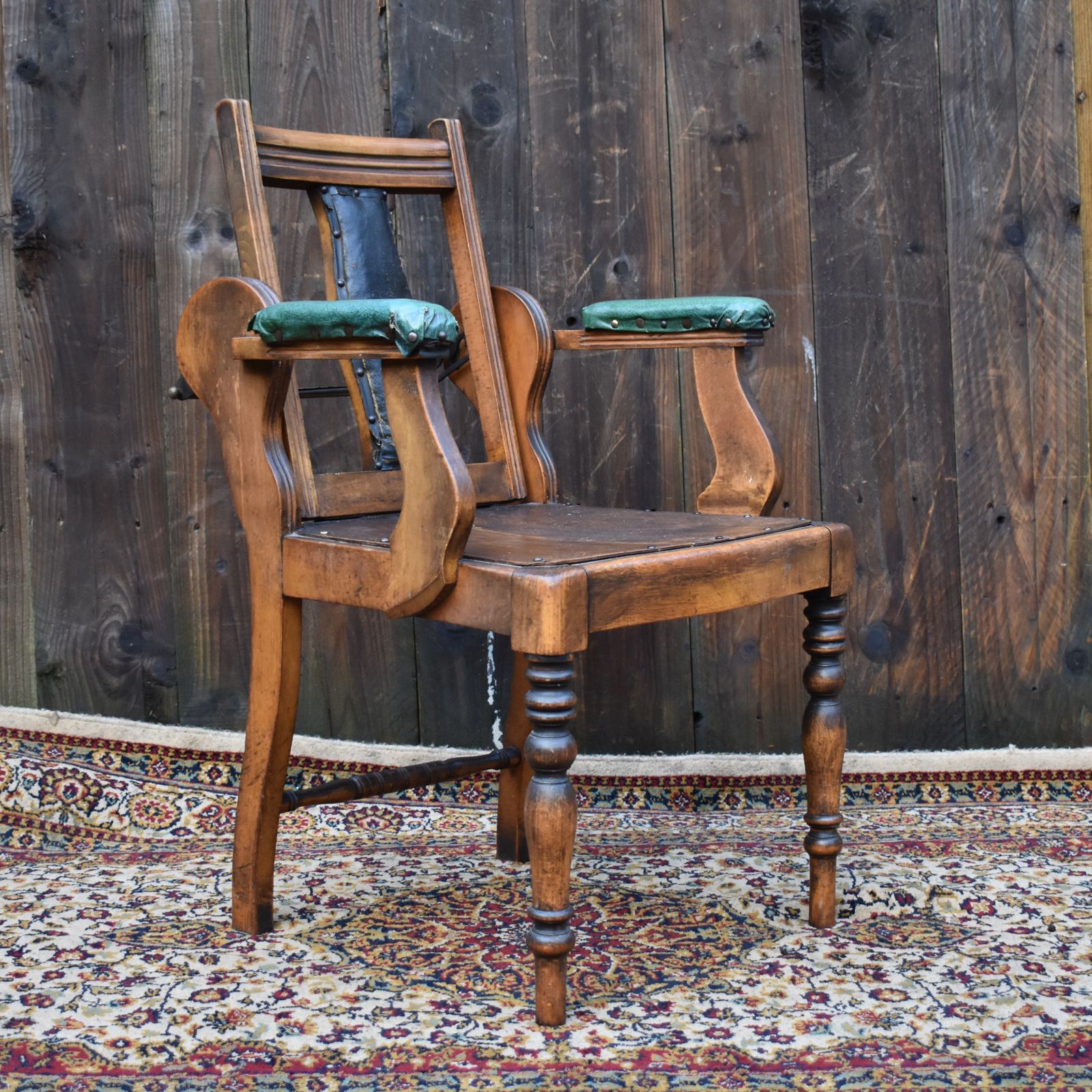 Antique Edwardian Leather And Beechwood Adjustable Barbers Dentist Chair