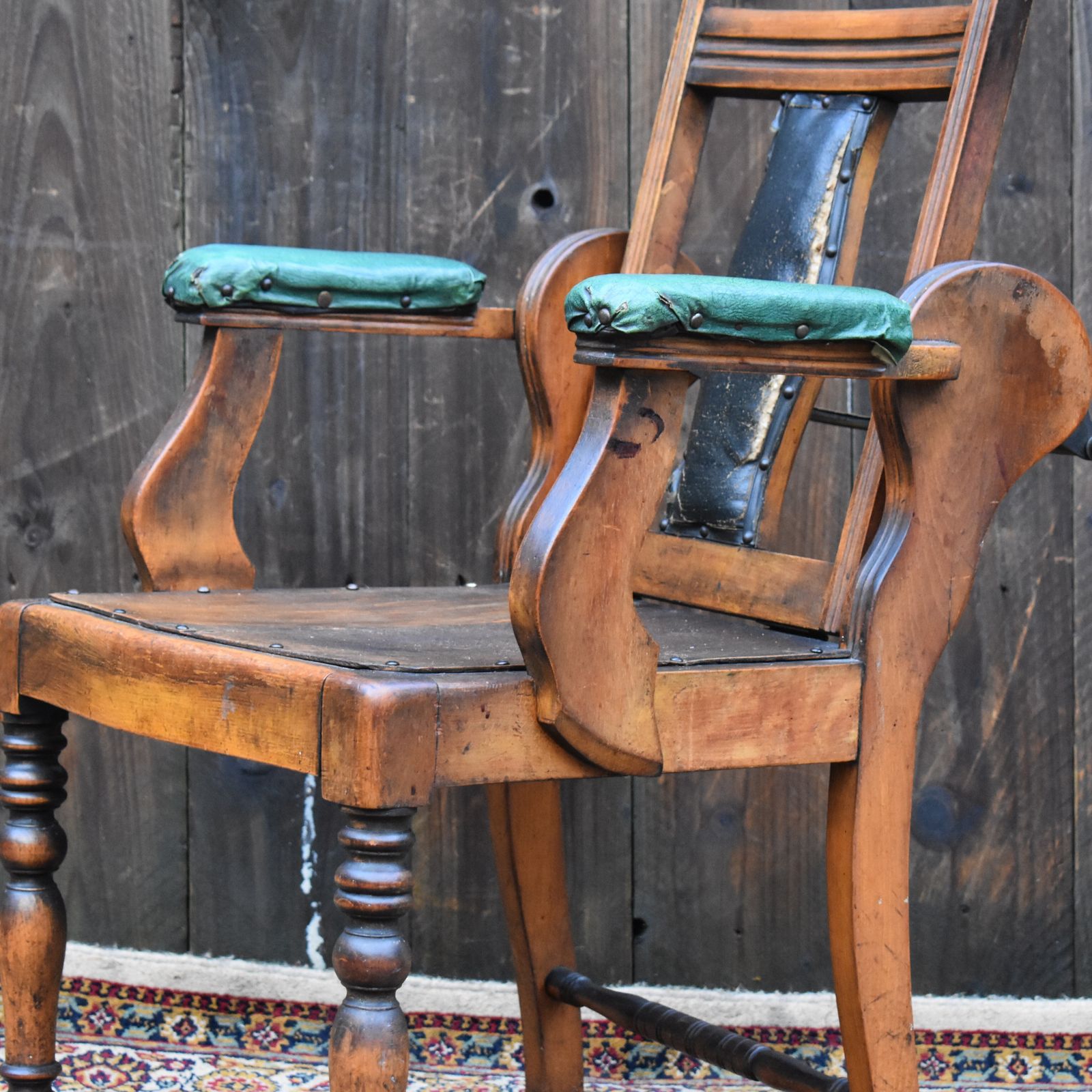 Antique Edwardian Leather And Beechwood Adjustable Barbers Dentist Chair photo for sale