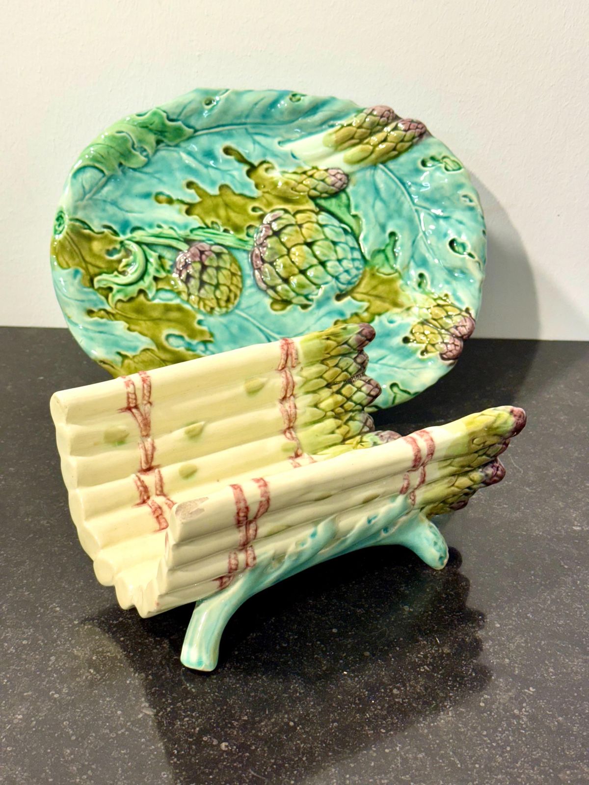 photo vinterior Longchamp Majolica Asparagus Server With Drip Plate, Late 19th Century
