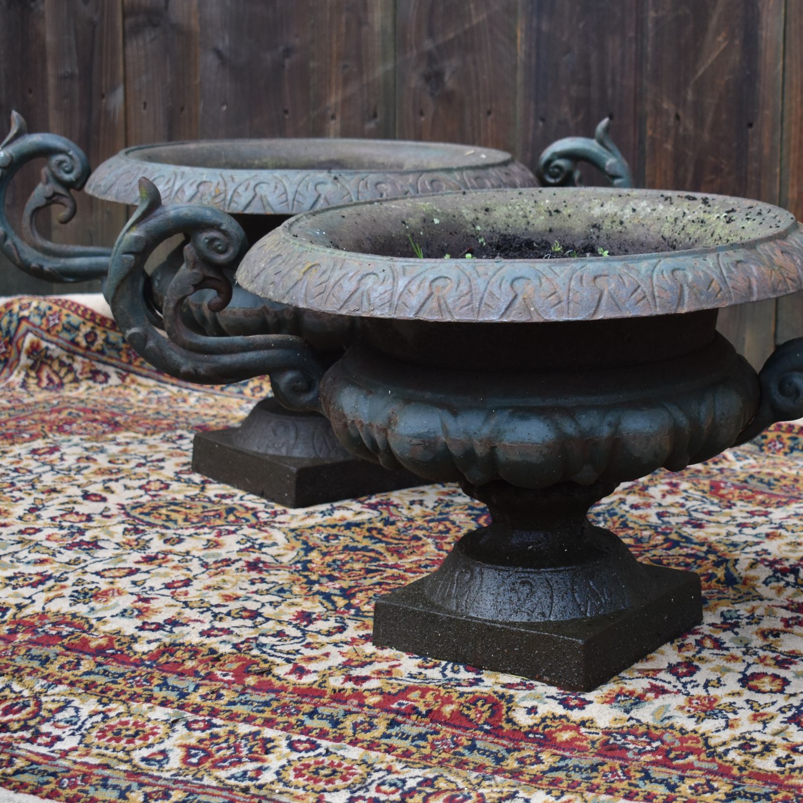 Antique Victorian English Country House Cast Iron Classical Garden Urns Pair photo furniture