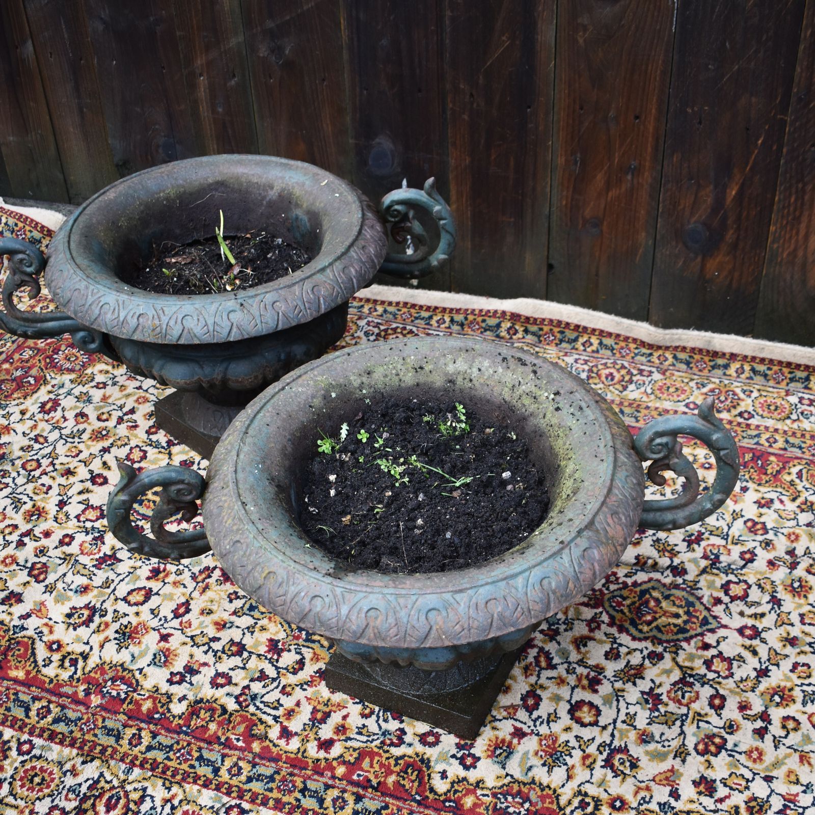 photo furniture Antique Victorian English Country House Cast Iron Classical Garden Urns Pair
