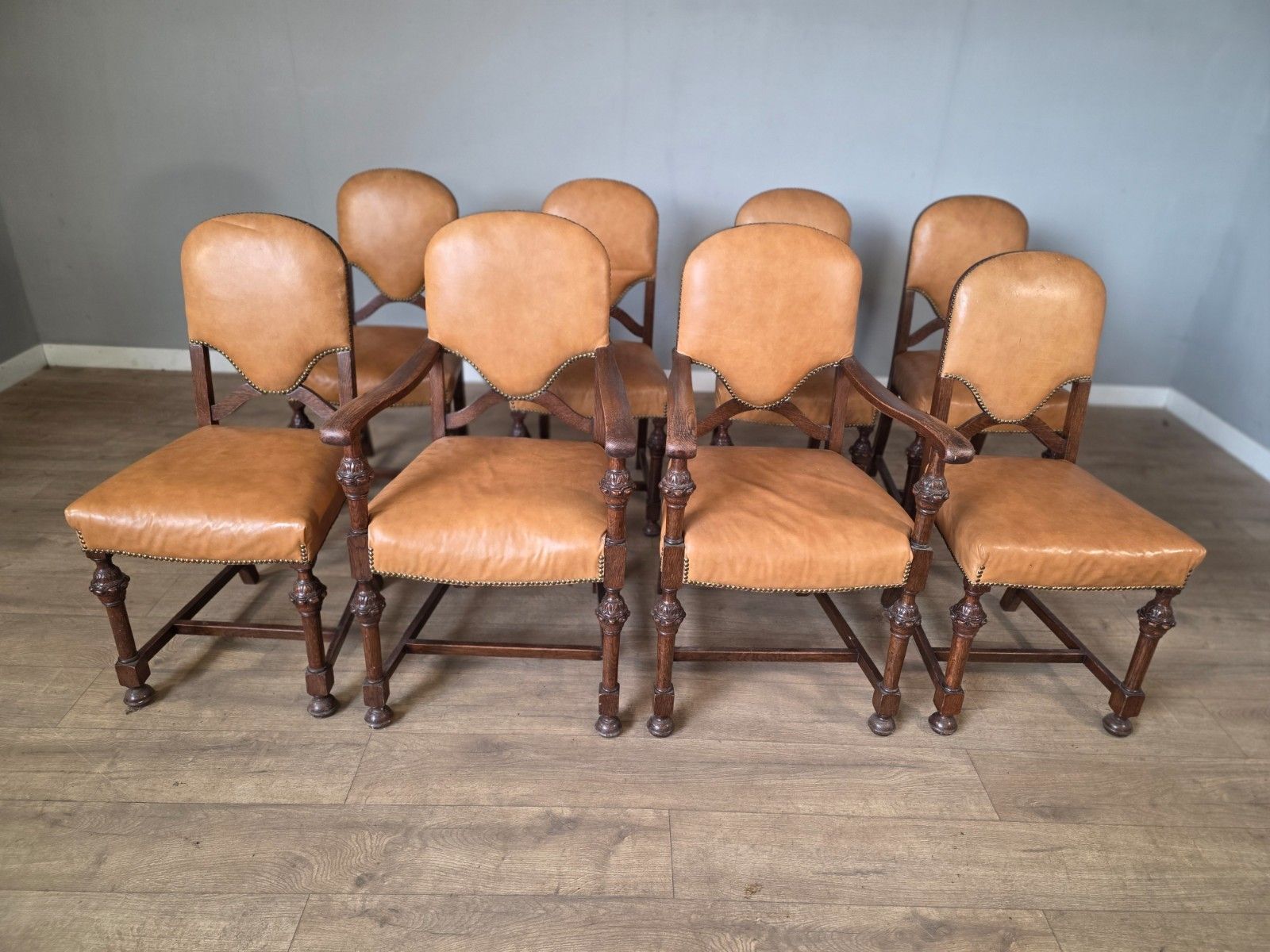 Set Of 8 Antique Oak And Leather Dining Chairs