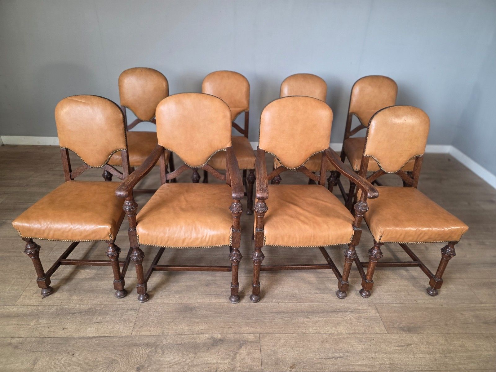 Set Of 8 Antique Oak And Leather Dining Chairs photo for sale