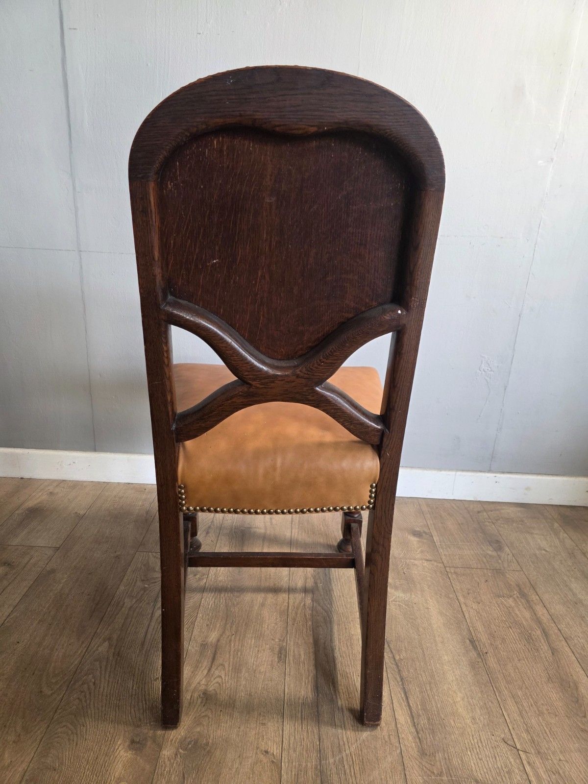 Set Of 8 Antique Oak And Leather Dining Chairs photo vintage