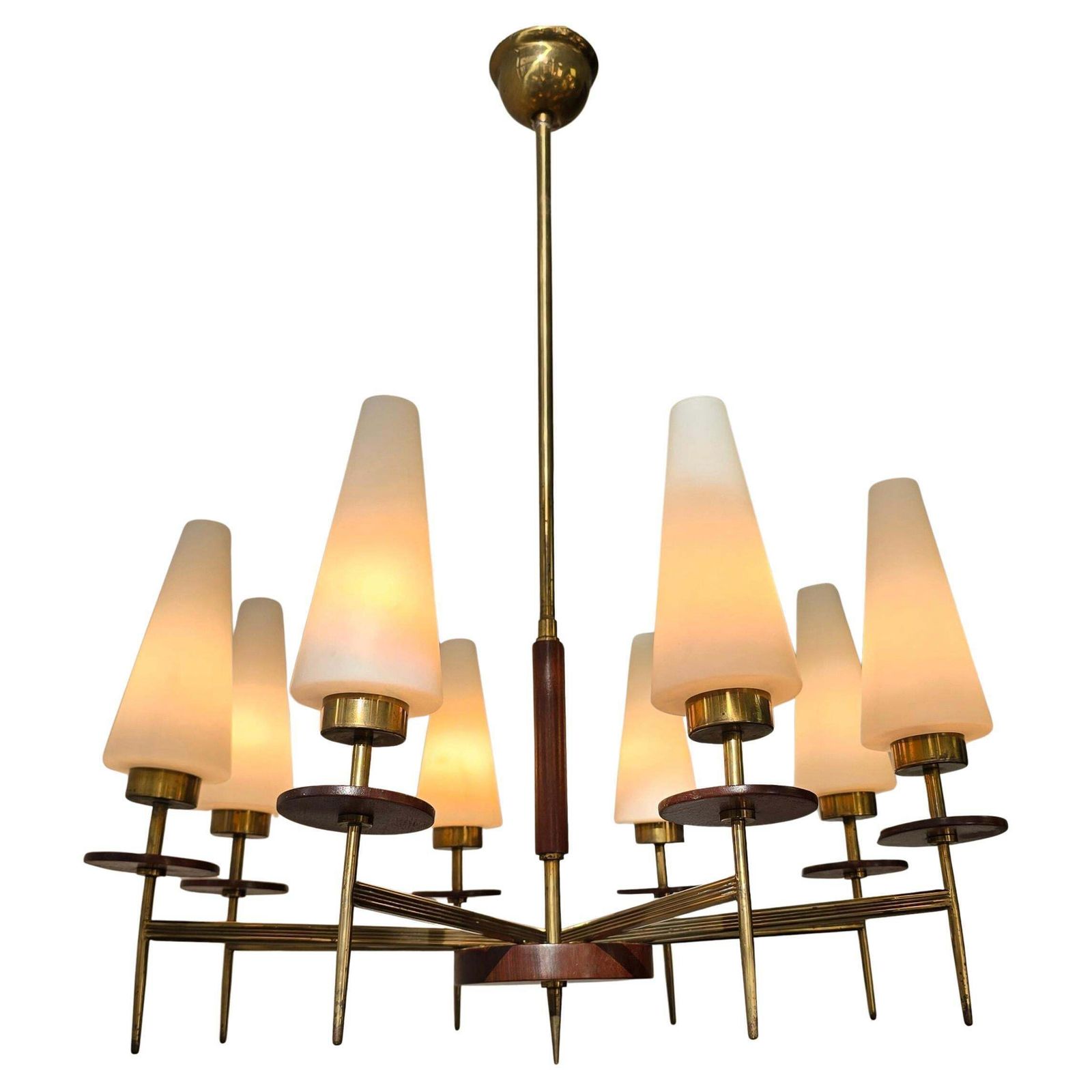 Mid Century Modern Brass, Wood And Opaline Glass Chandelier, 1950s, 8 Lights photo furniture