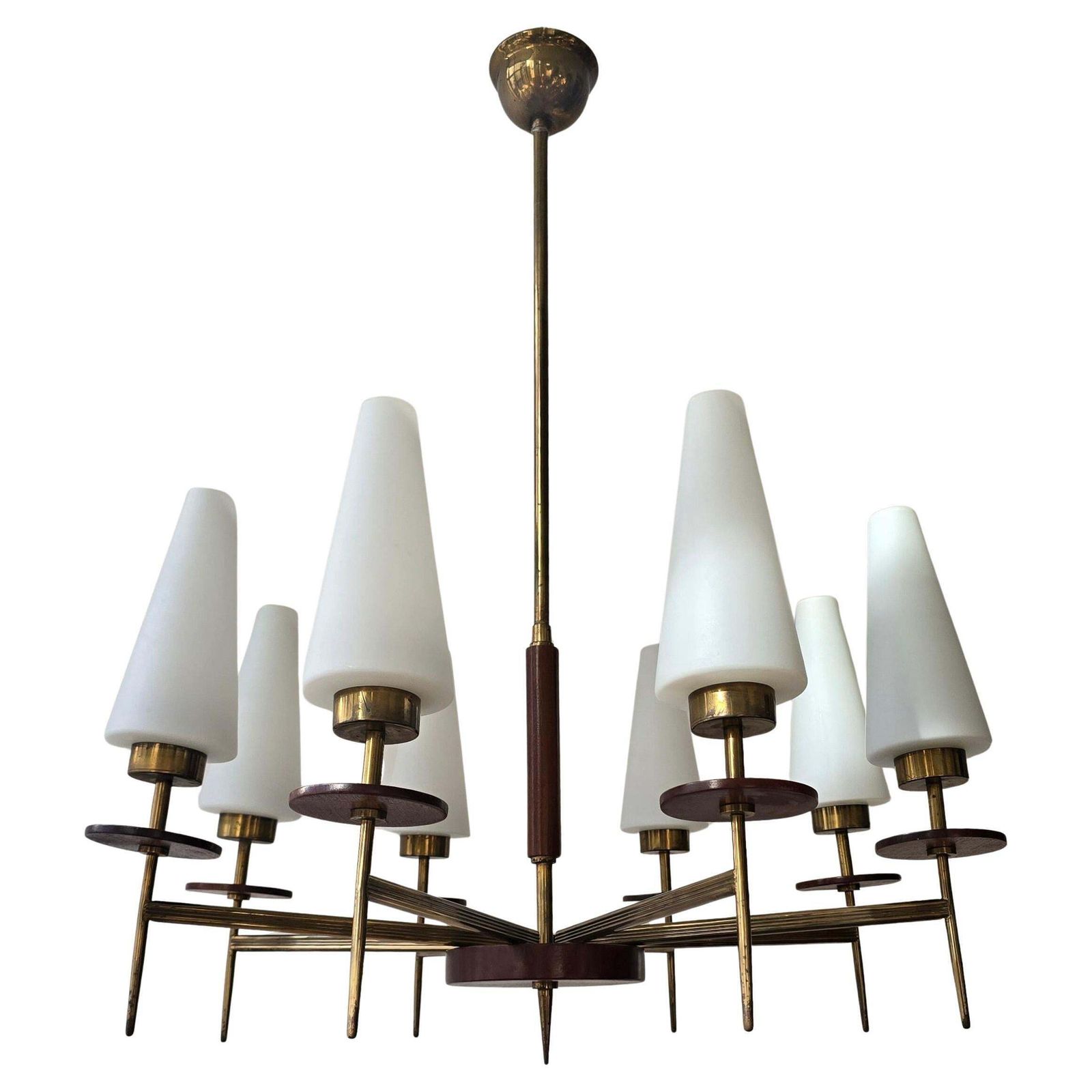 Mid Century Modern Brass, Wood And Opaline Glass Chandelier, 1950s, 8 Lights photo vinterior