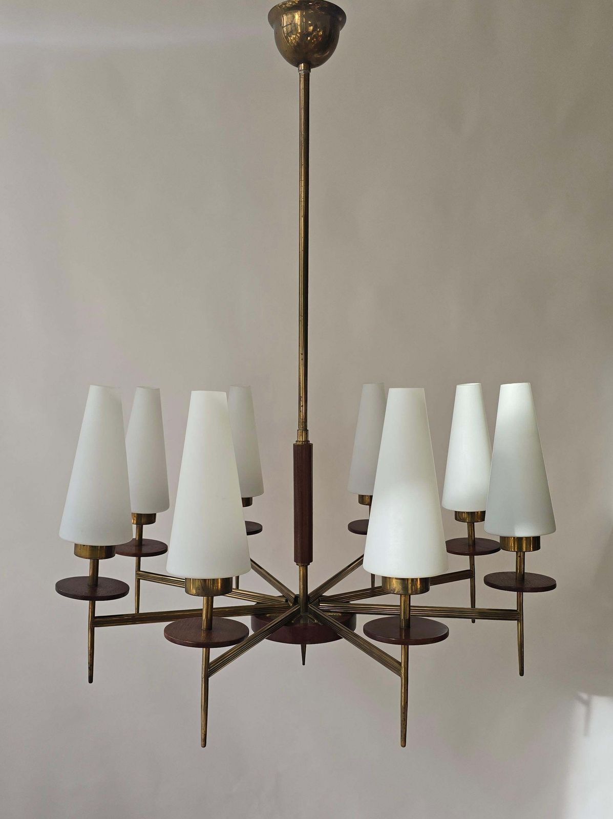 Mid Century Modern Brass, Wood And Opaline Glass Chandelier, 1950s, 8 Lights photo vintage