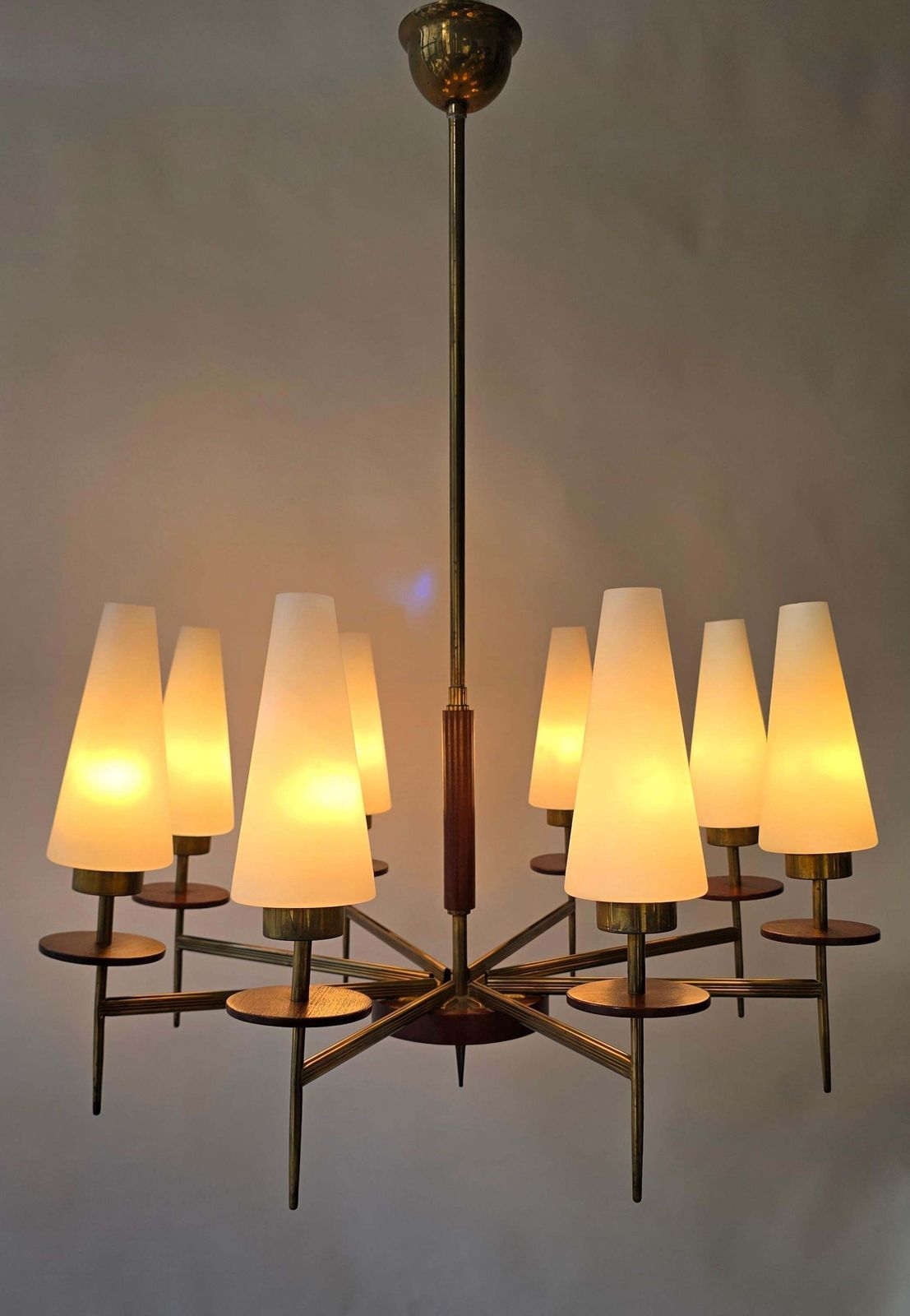 photo for sale Mid Century Modern Brass, Wood And Opaline Glass Chandelier, 1950s, 8 Lights