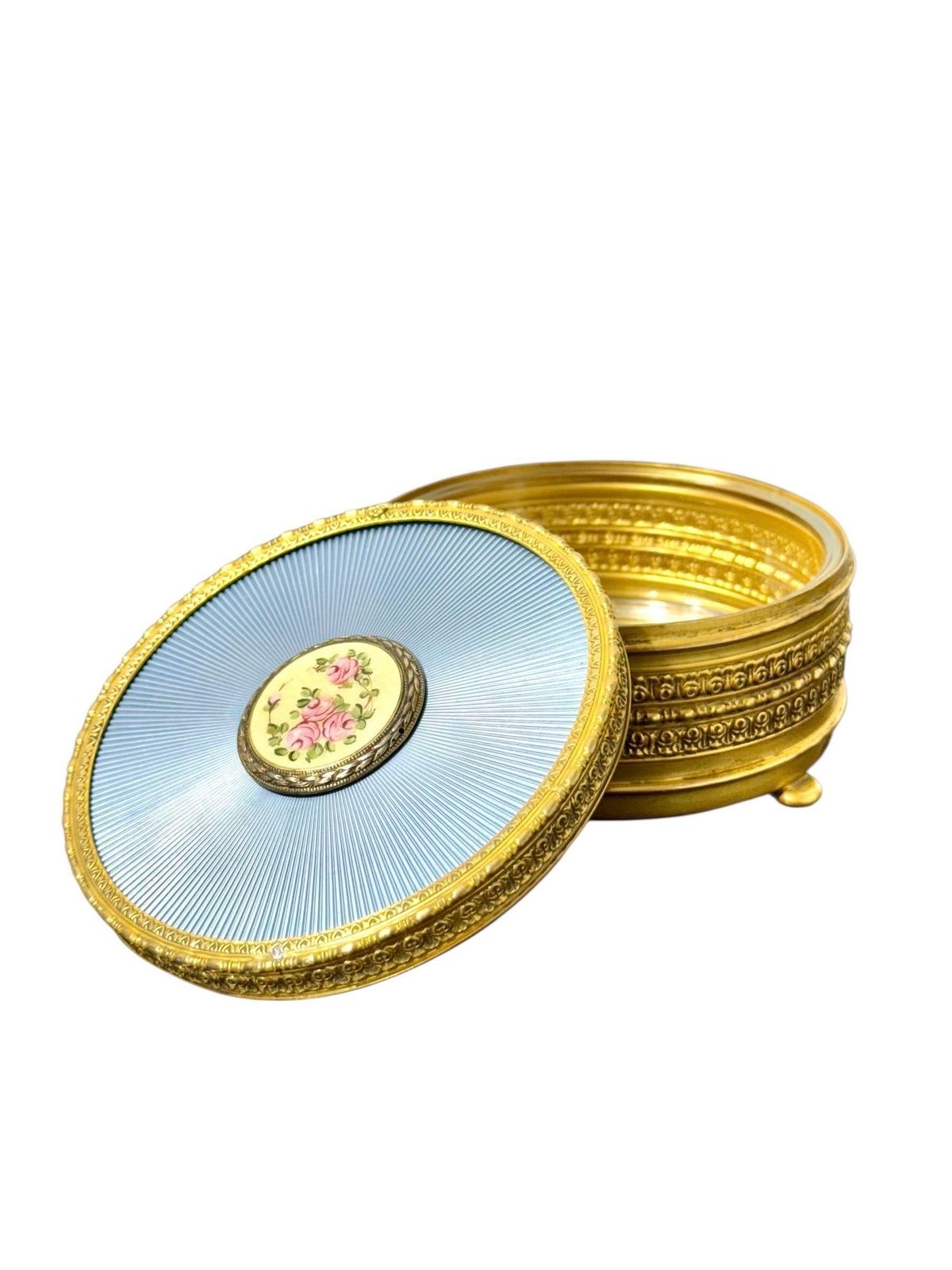 Gilded Metal & Guilloché Enamel Jewelry Box With Hand Painted Miniature photo furniture