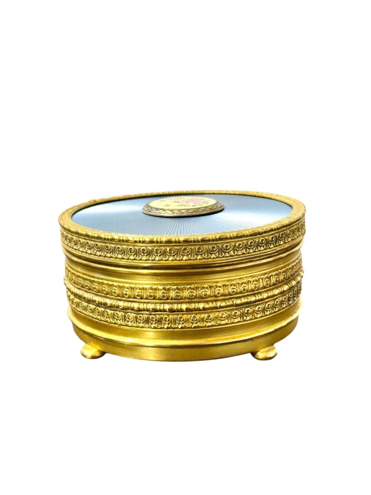 Gilded Metal & Guilloché Enamel Jewelry Box With Hand Painted Miniature photo Home Decor
