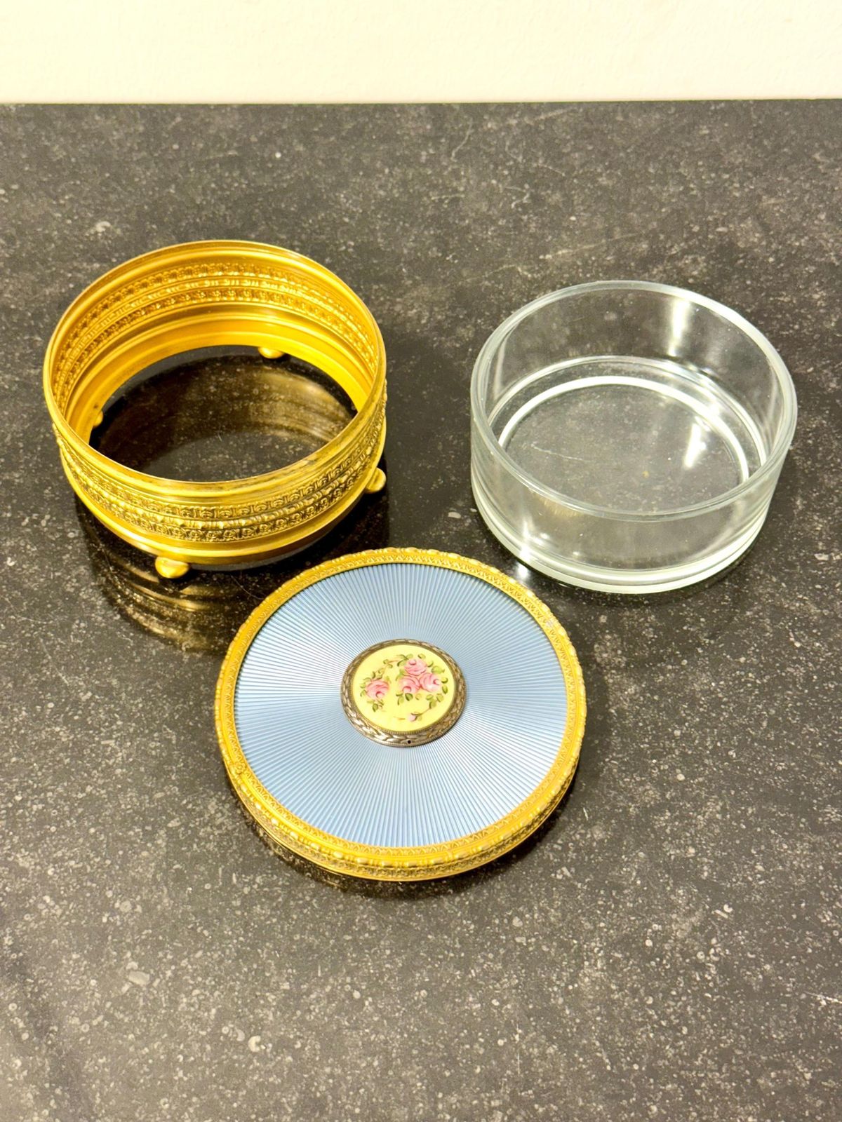553.0 Gilded Metal & Guilloché Enamel Jewelry Box With Hand Painted Miniature photo