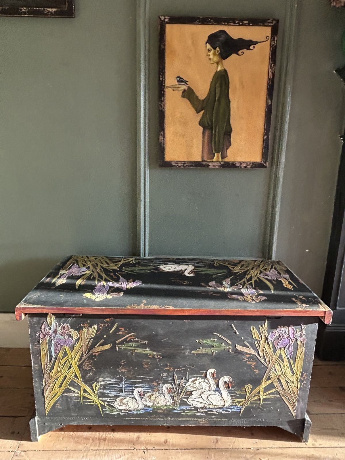 Vintage Painted Pine Blanket Box With Swan Chinoiserie photo for sale