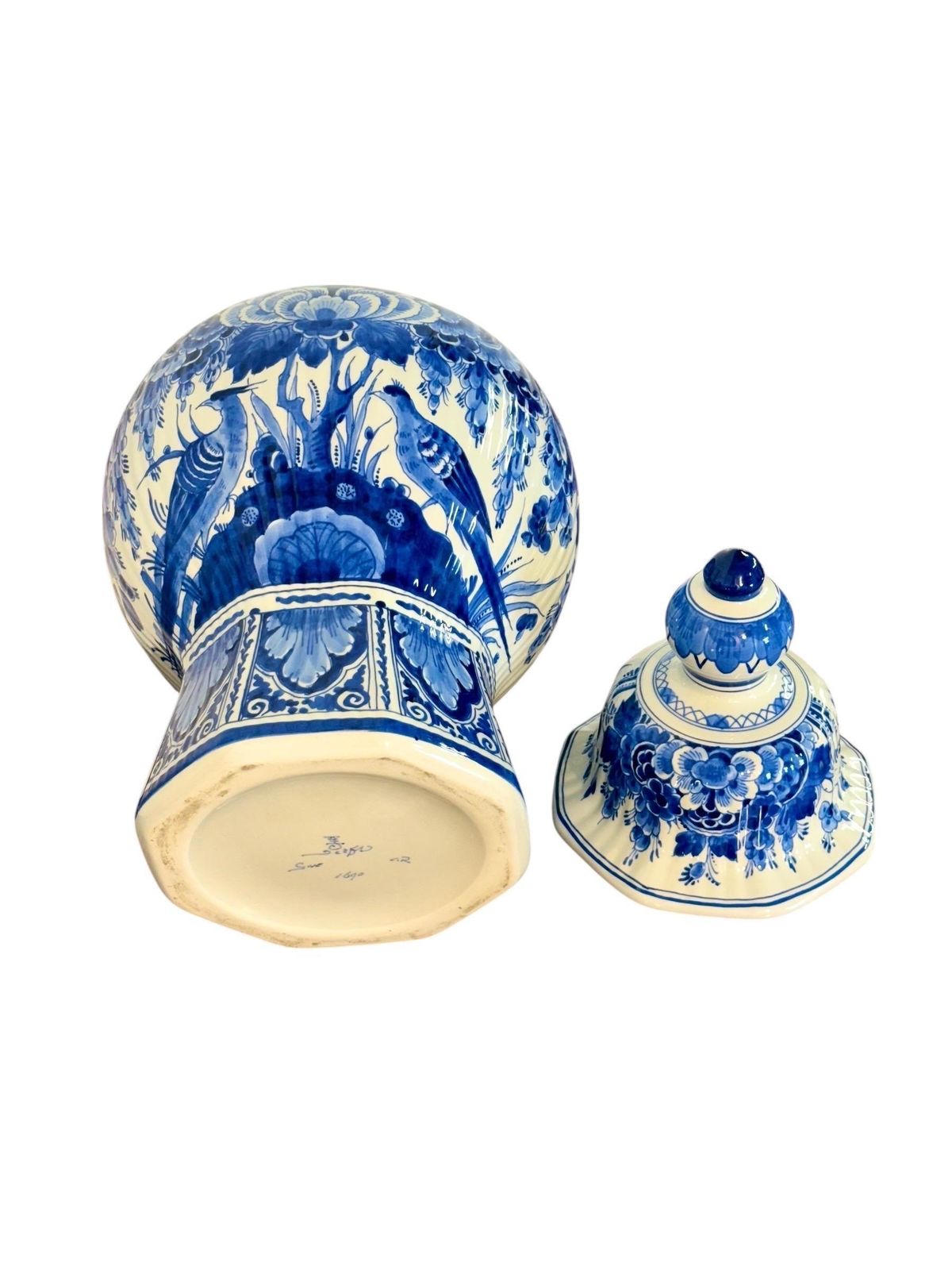 Large Blue And White Delft Lidded Vase With Birds And Flowers photo vintage
