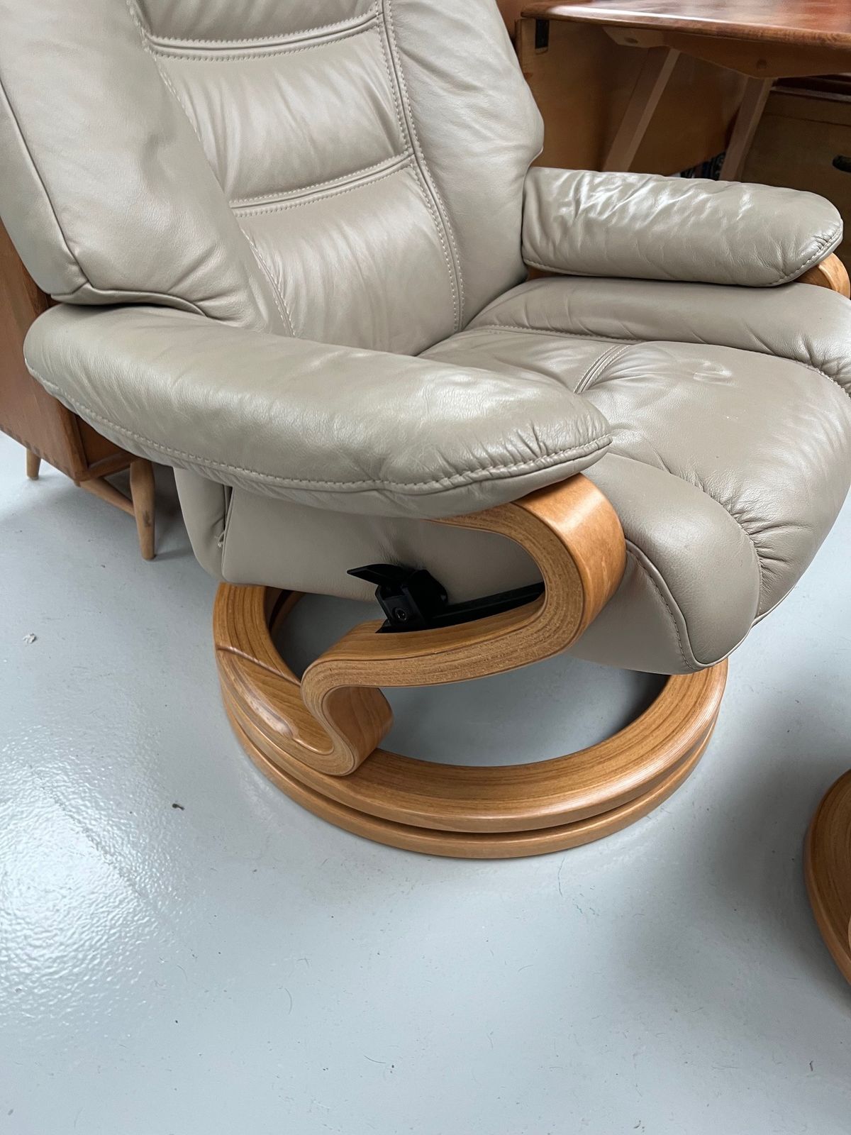 Stressless Beige Leather Swivel Recliner Chair And Stool photo vintage