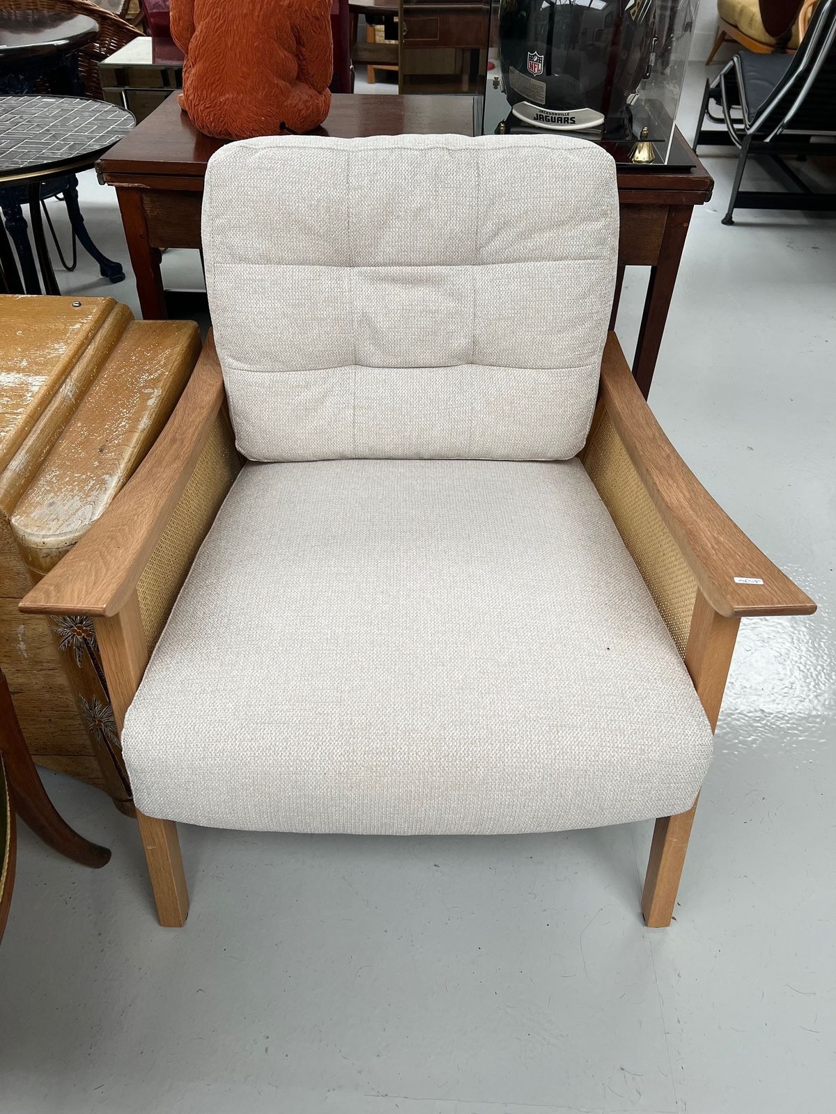 Oak Framed Beige Fabric Arm Chair
