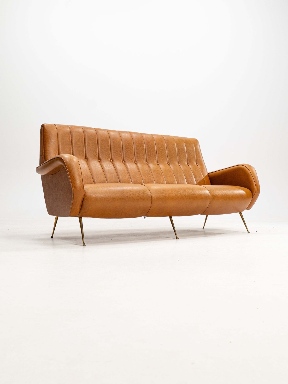 Three Seater Sofa In Skai With Brass Feet In The Style Of Marco Zanuso,1950s