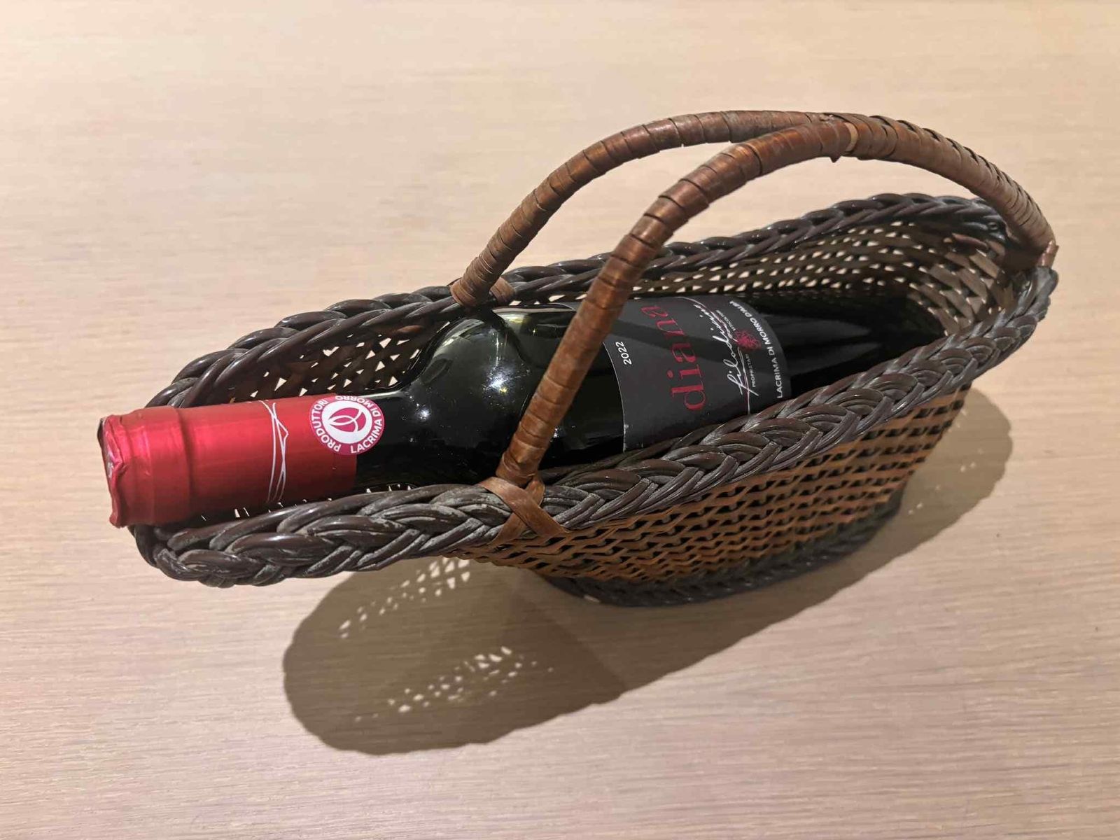 Wicker Wine Bottle Holder – French Rattan Wine Cradle Basket – 1970s photo vintage