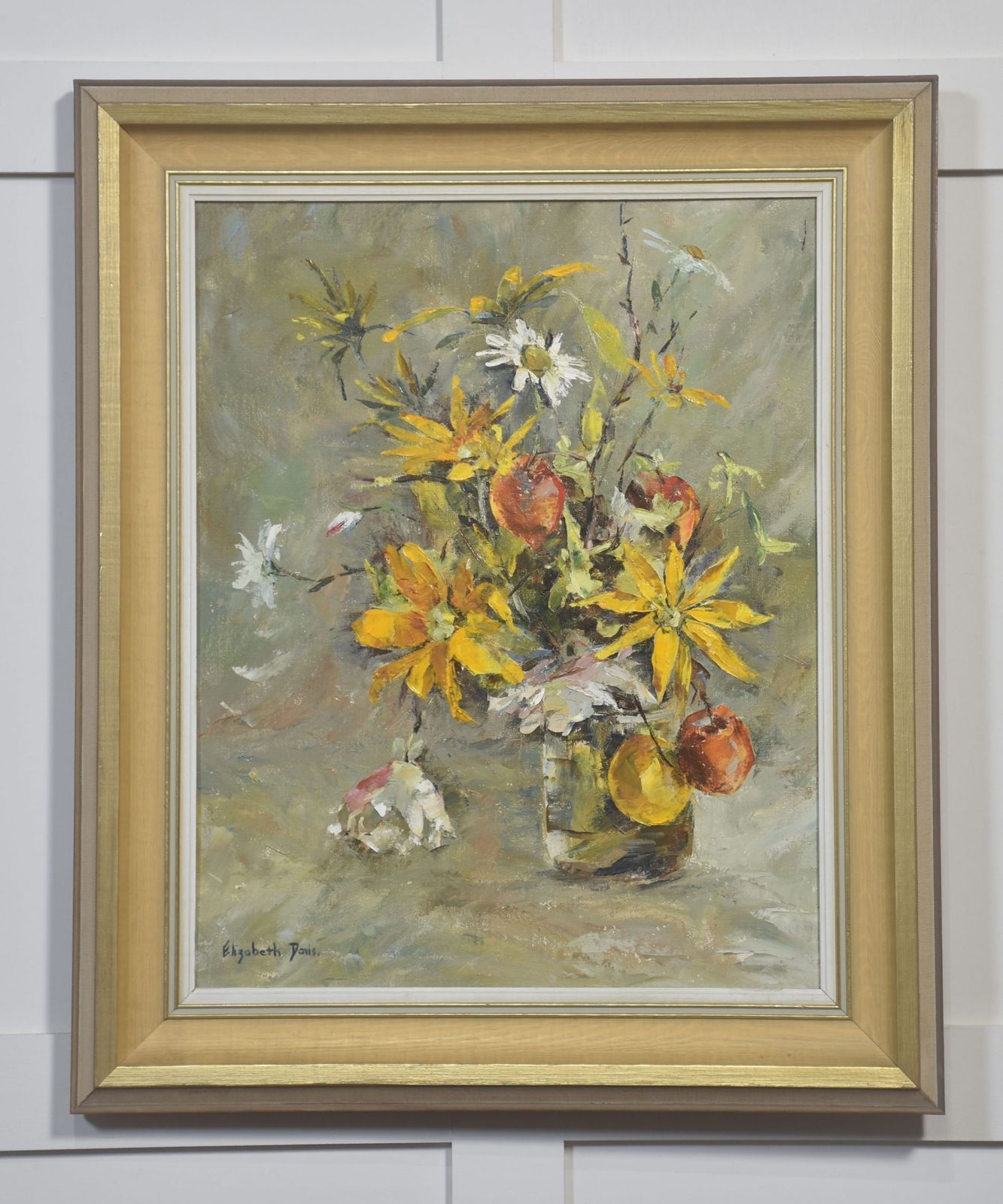 Oil On Canvas Still Life With Yellow Flowers And Fruit