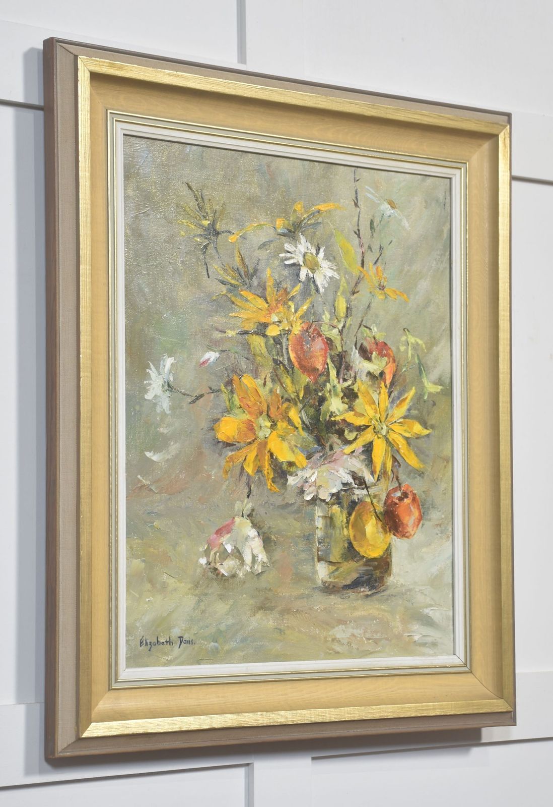 Oil On Canvas Still Life With Yellow Flowers And Fruit photo Art