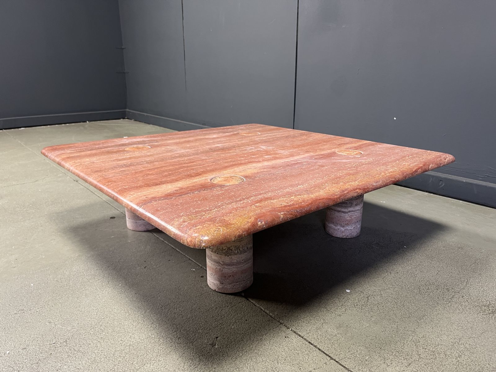 photo for sale Angelo Mangiarotti Red Travertine Coffee Table For Up&Up, Italy