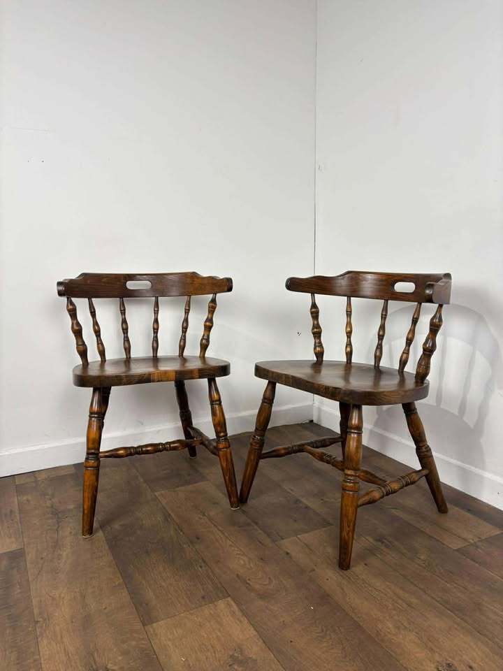 Pair Of Oak Tub Style Spindle Back Chairs