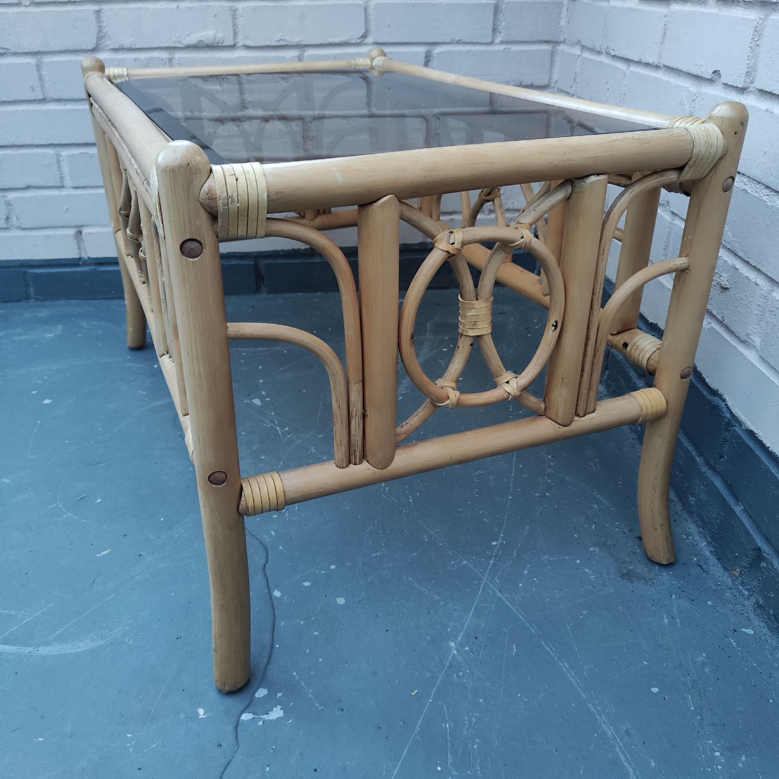 Vintage Cane Coffee Table With Smoked Glass Top photo Furniture